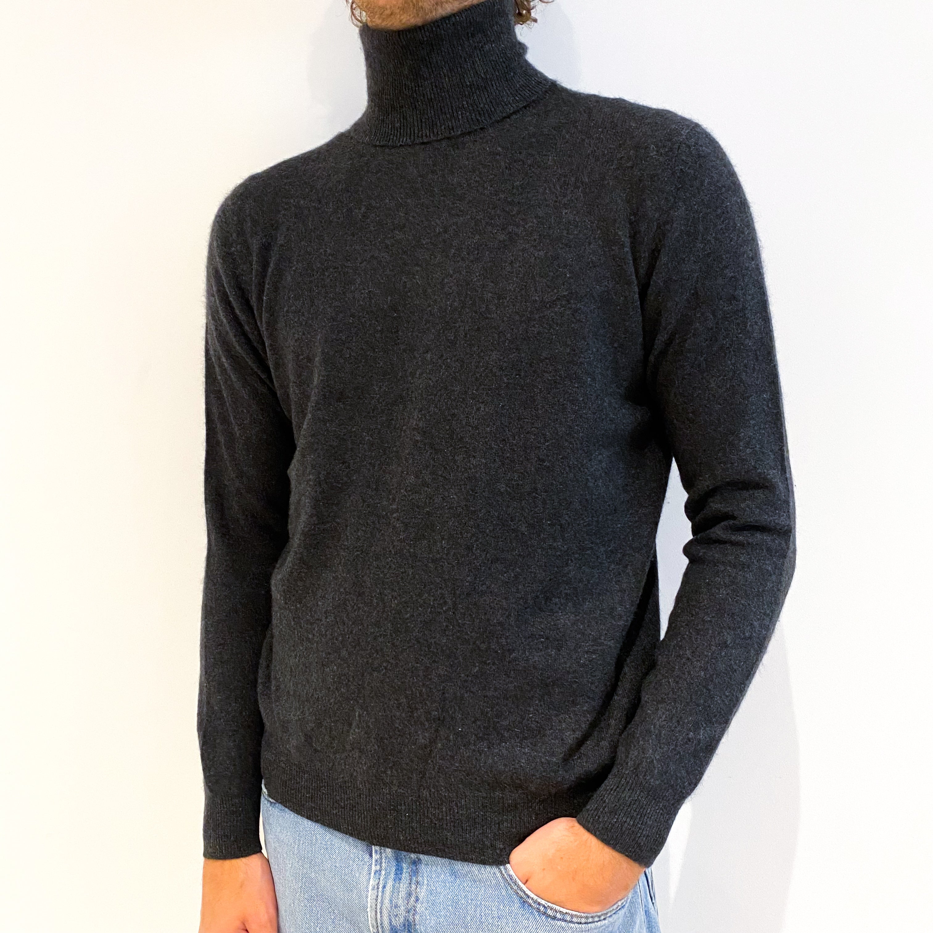 Men's Charcoal Grey Cashmere Polo Neck Jumper Medium