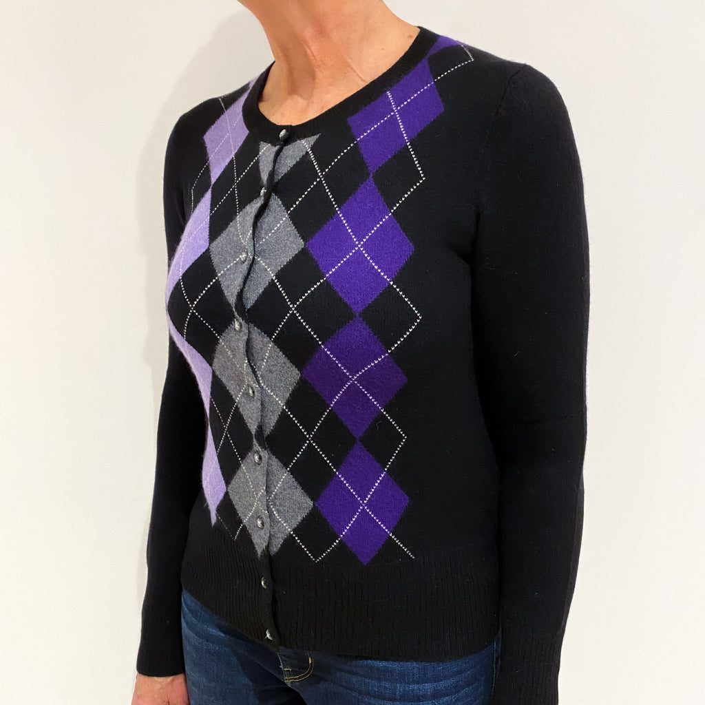 Black Purple Argyle Cashmere Crew Neck Cardigan Medium