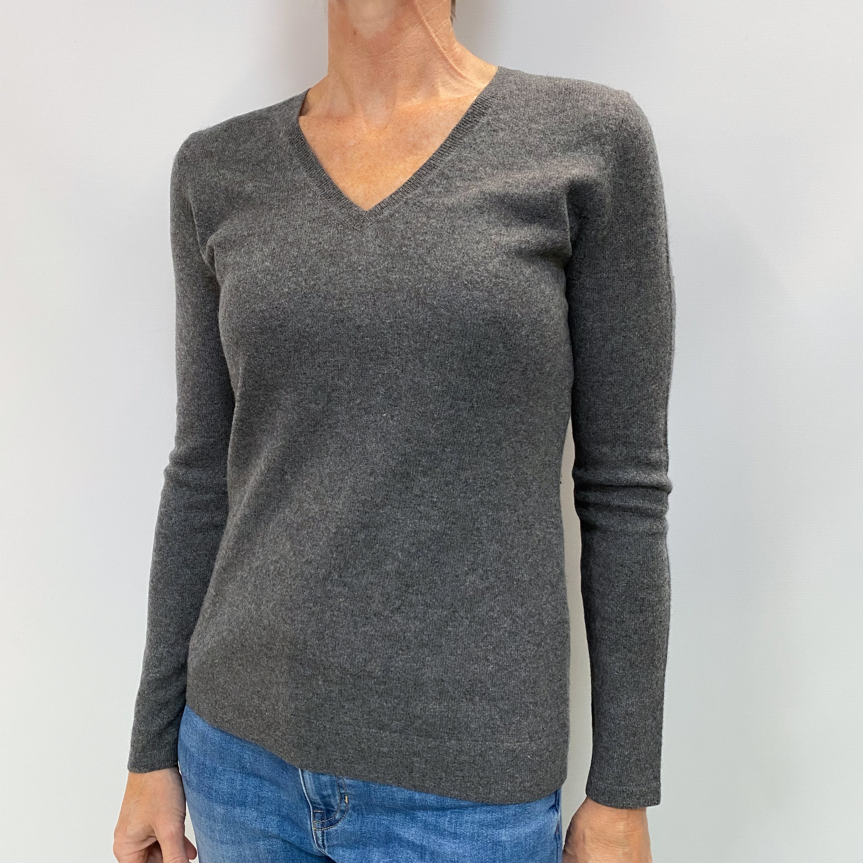 Slate Grey Cashmere V Neck Jumper Small