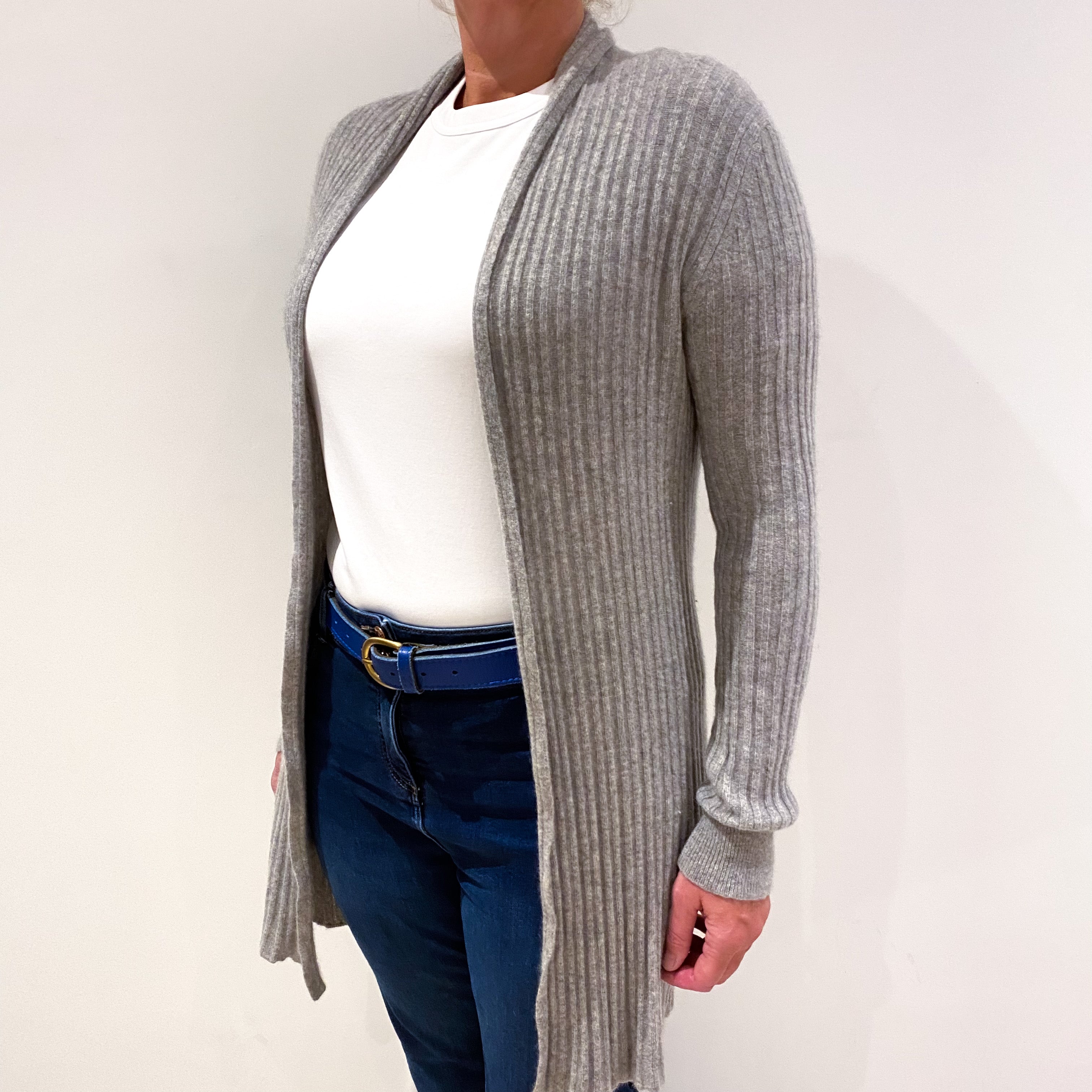 Ash Grey Ribbed Cashmere Edge To Edge Cardigan Large