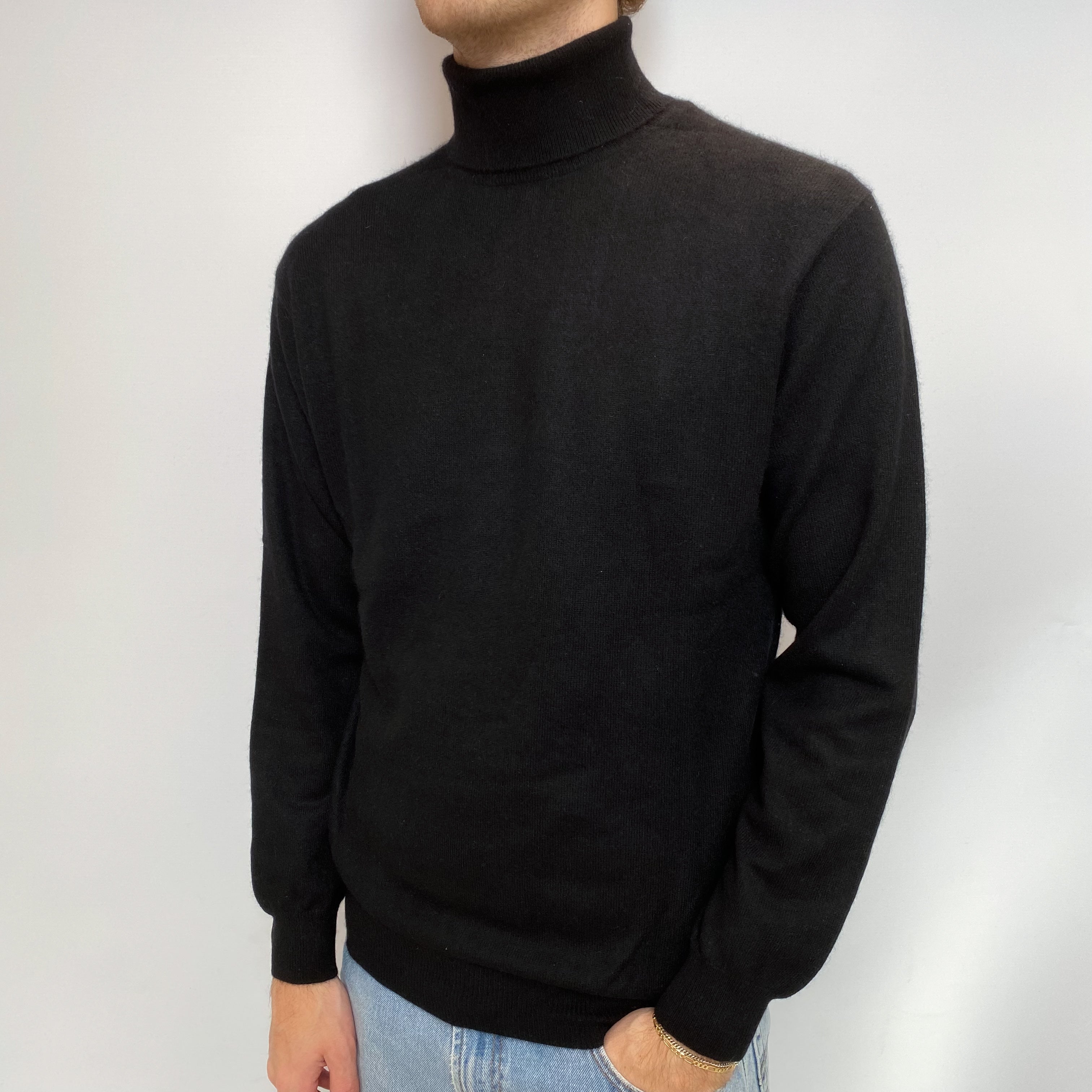 Men's Black Cashmere Polo Neck Jumper Large