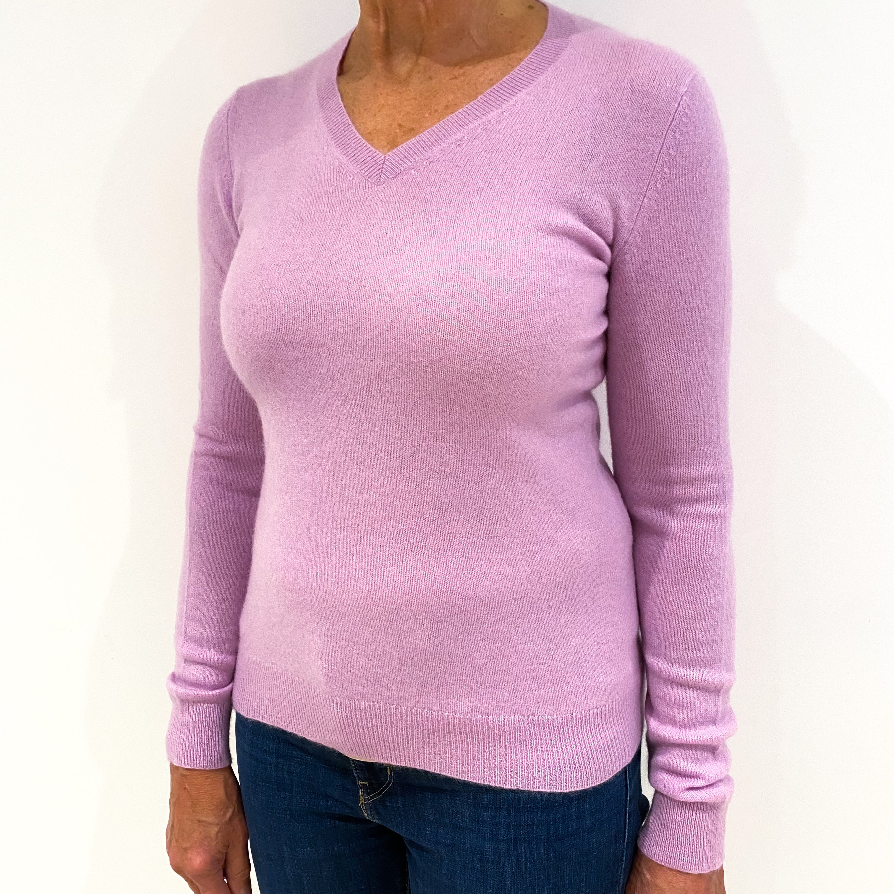 Lilac Blush Purple Cashmere V-Neck Jumper Medium