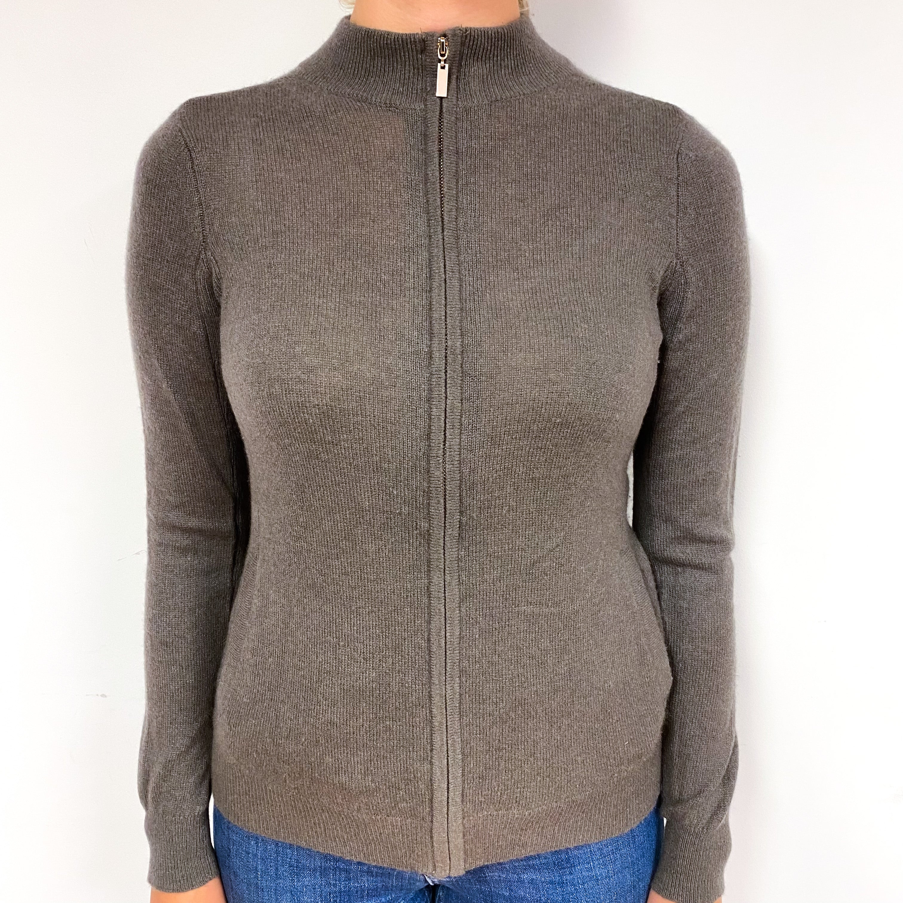 Mole Brown Cashmere Zip Turtle Neck Cardigan Small