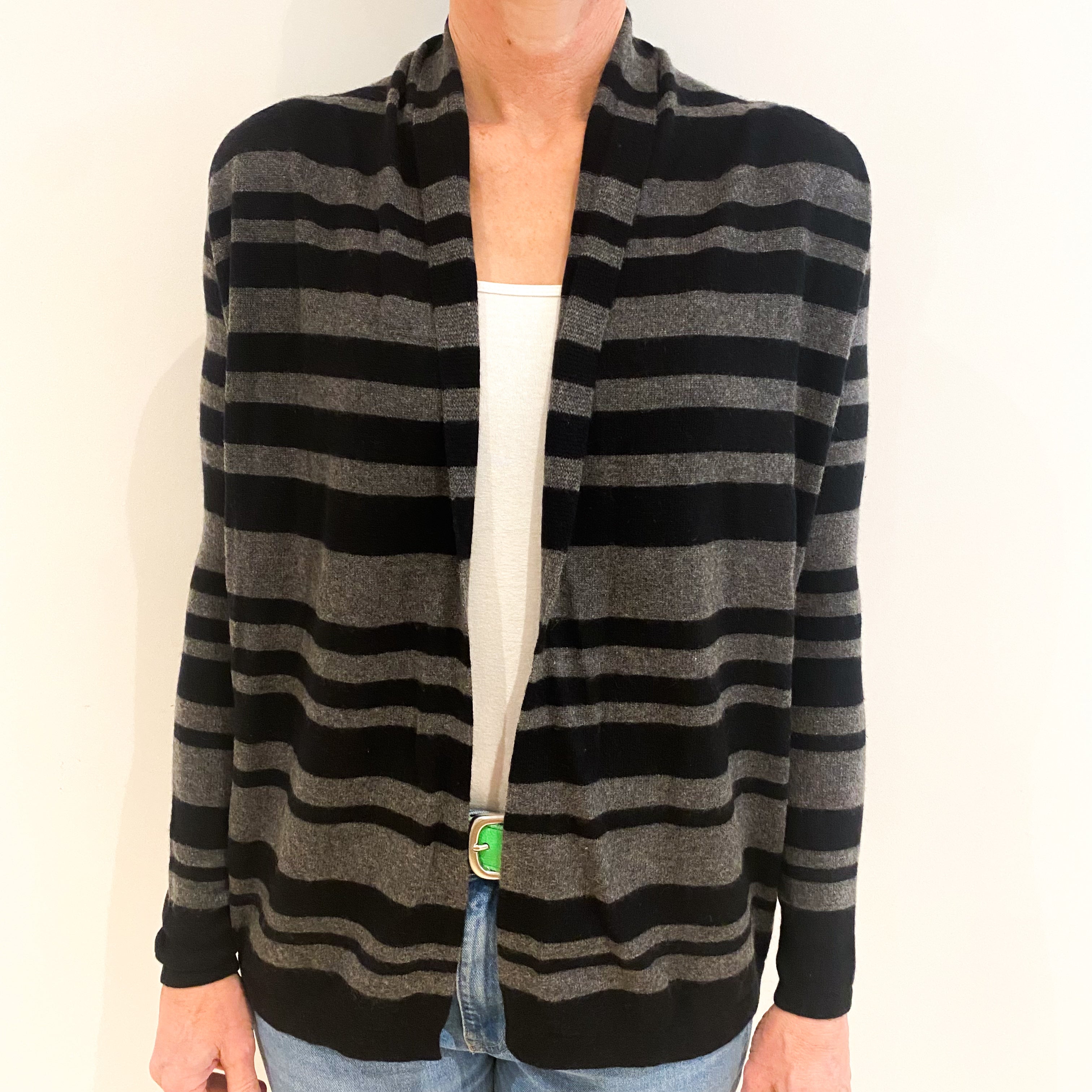 Grey And Black Stripe Cashmere Edge To Edge Cardigan Small