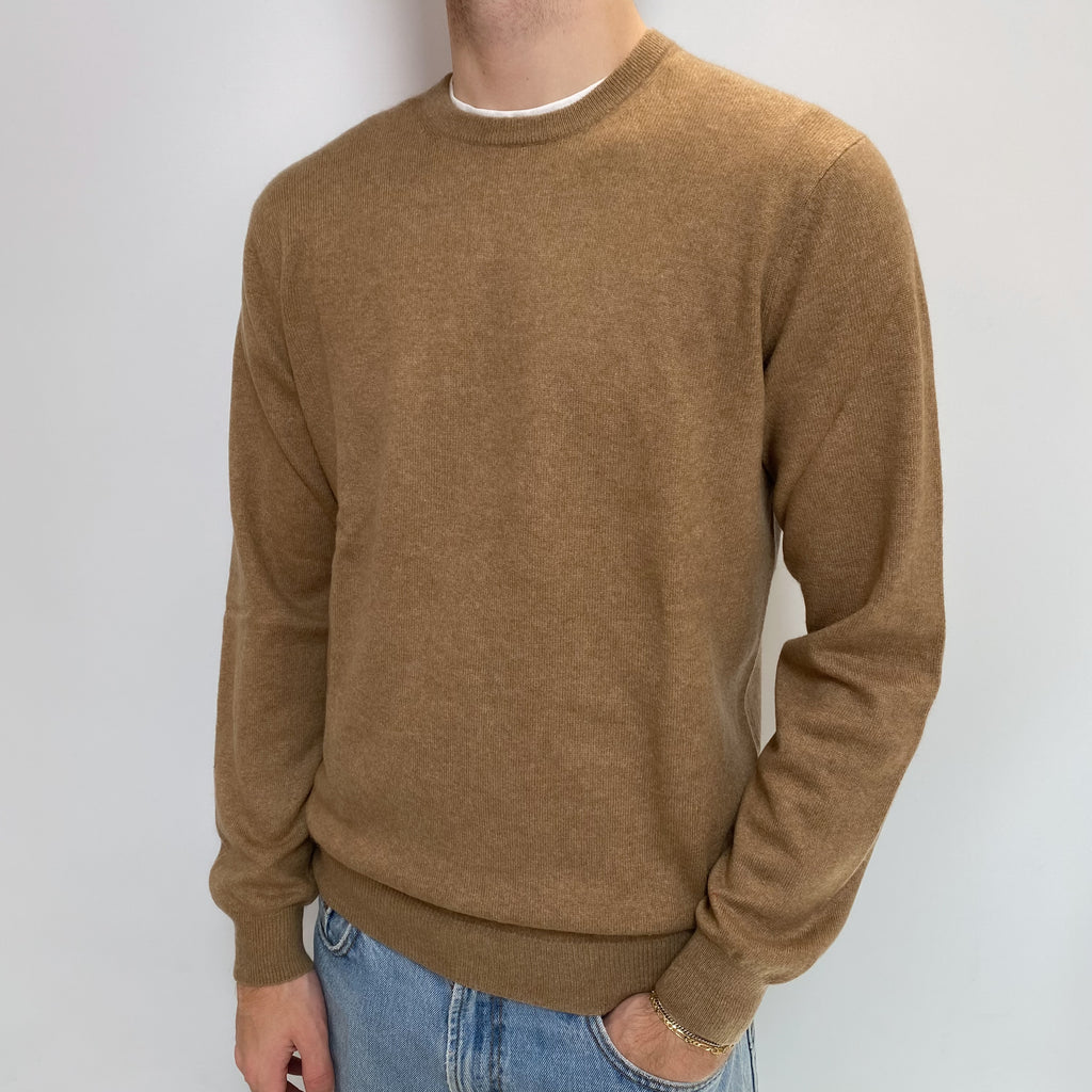 Men's Toffee Brown Cashmere Crew Neck Jumper Large