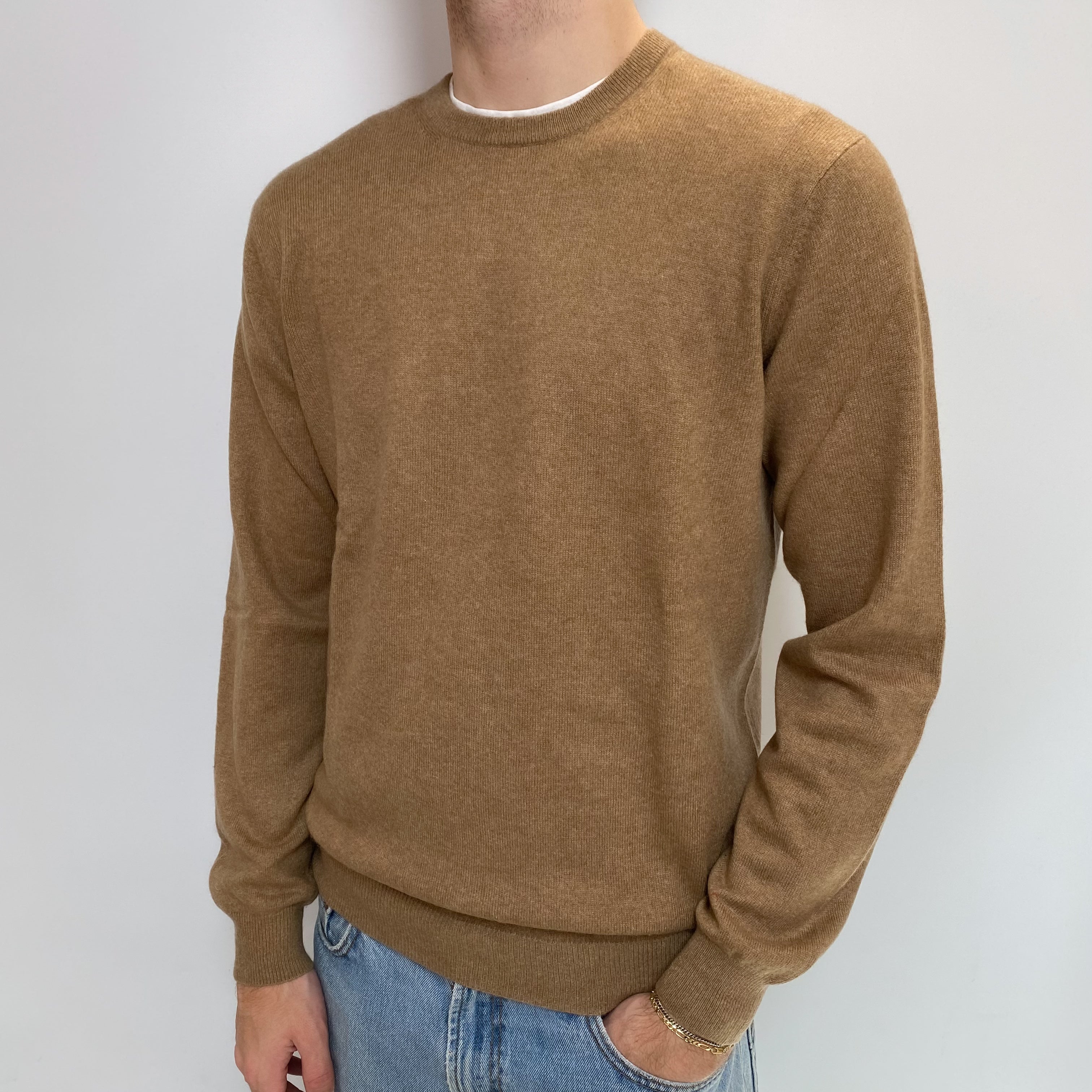 Men's Toffee Brown Cashmere Crew Neck Jumper Large