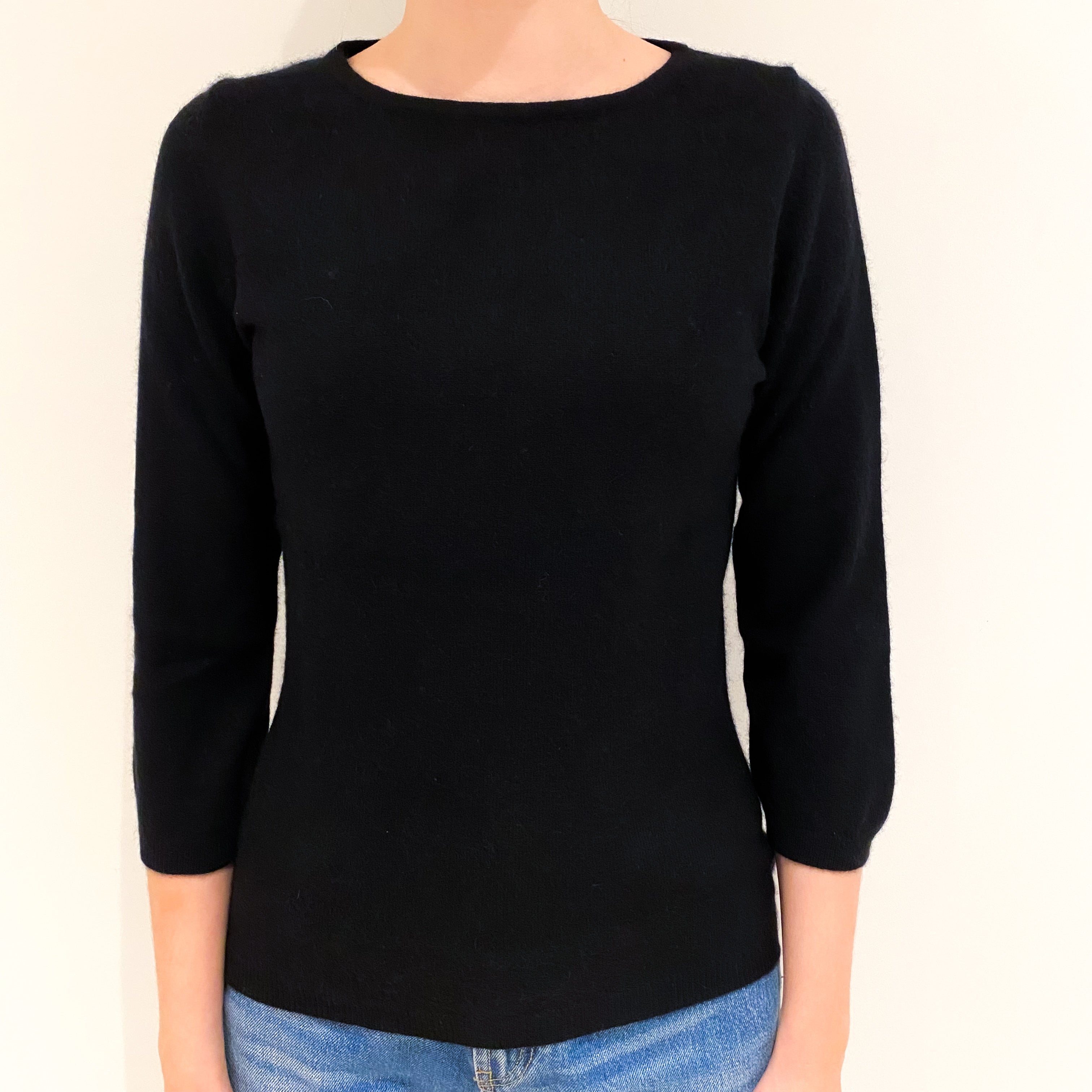 Black 3/4 Sleeved Cashmere Crew Neck Jumper Extra Small