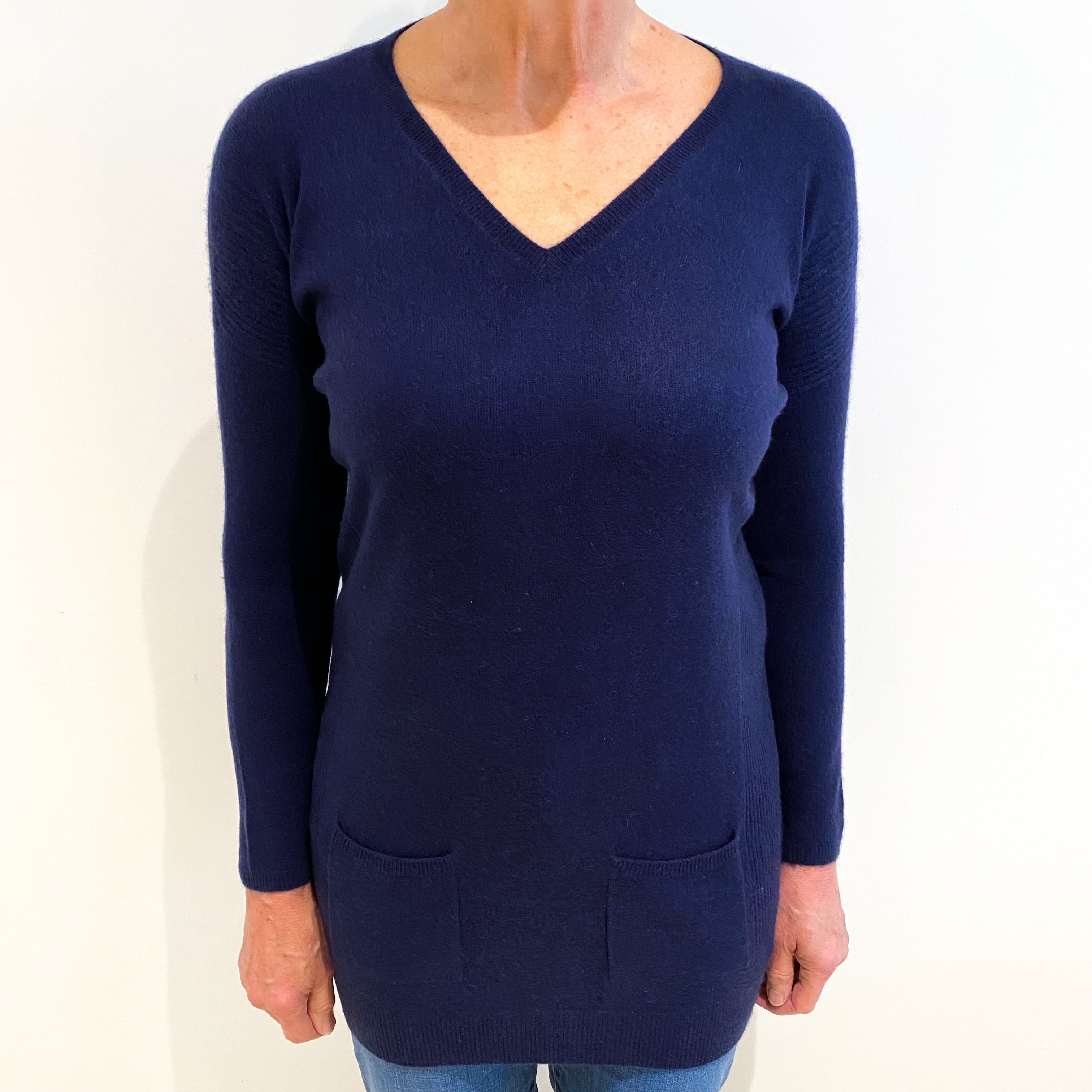 French Navy Cashmere V Neck Tunic Style Jumper Medium