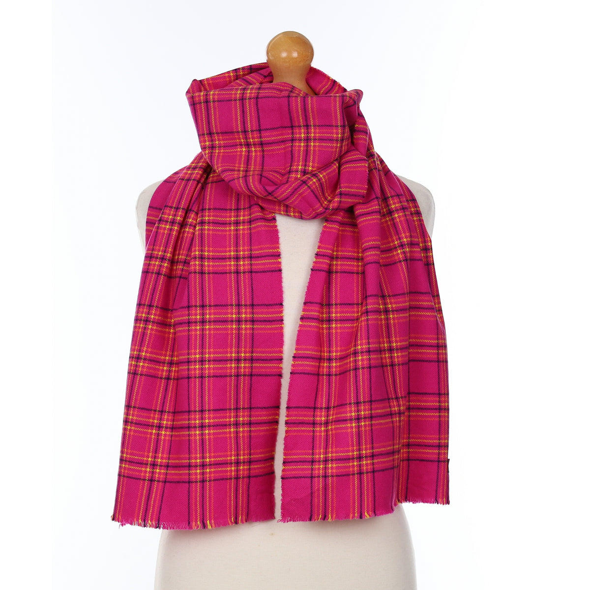 Scottish Fuchsia Pink And Yellow Checked Cashmere Woven Scarf