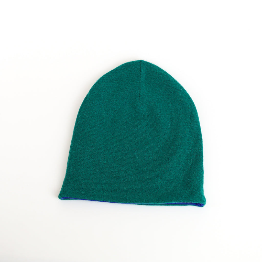 Azure Blue and Fern Green Cashmere Beanie Hat