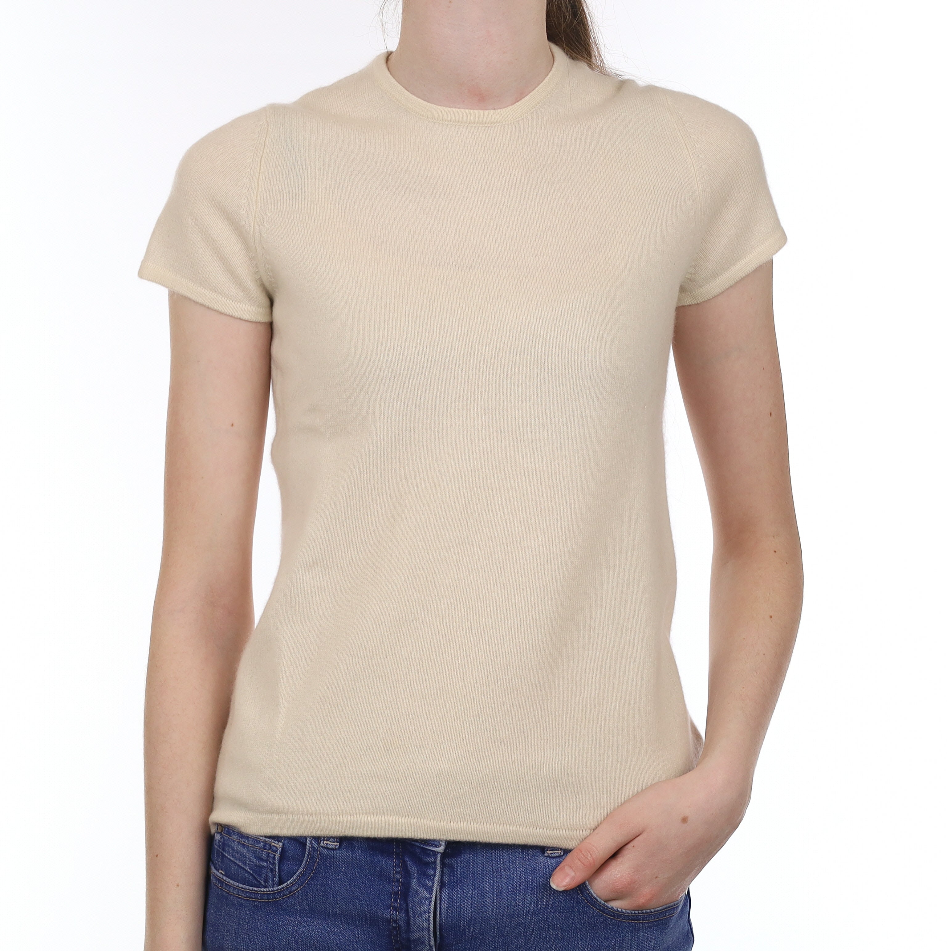 Honey Cream Cashmere Short Sleeved Crew Neck Jumper Extra Small