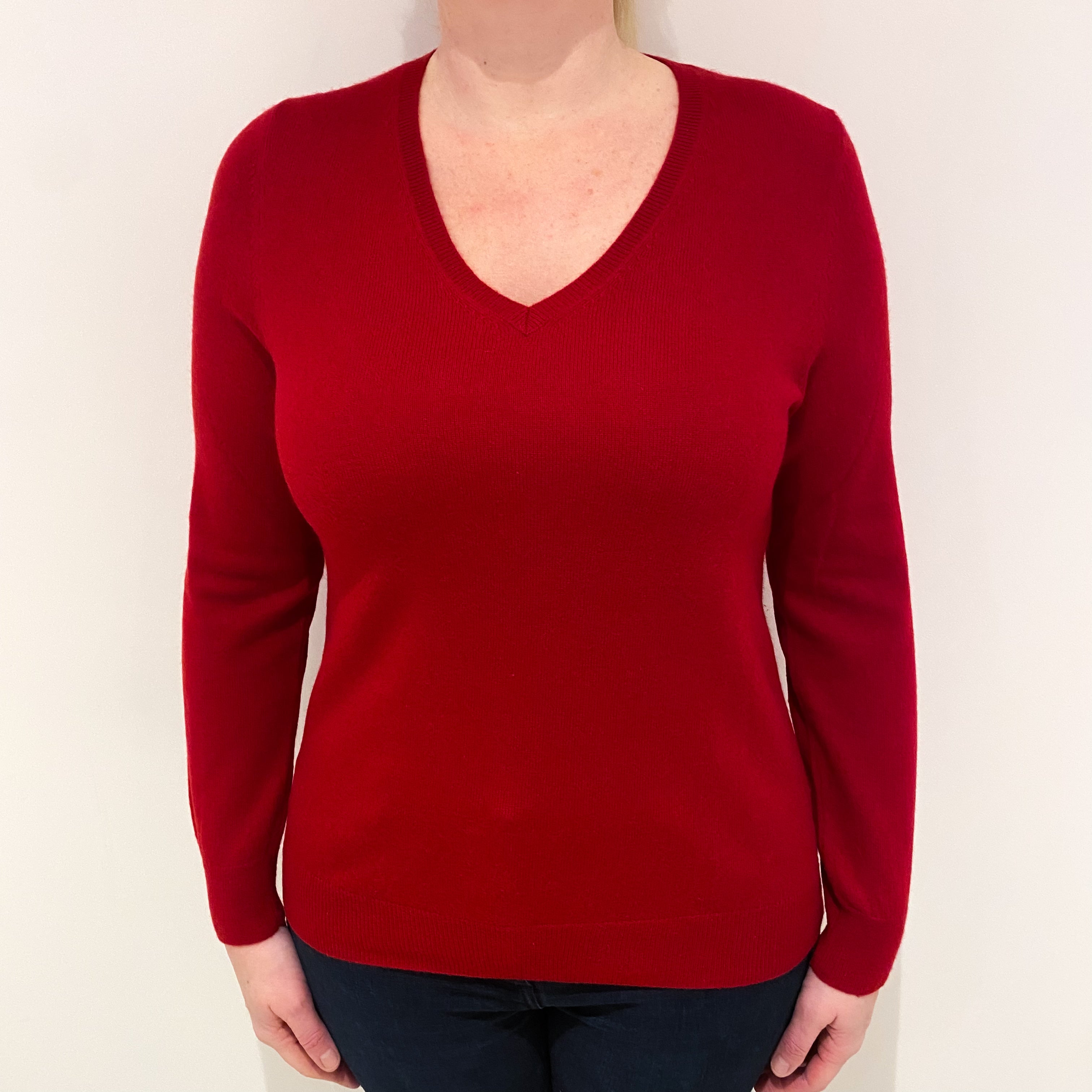 Post Box Red Cashmere V-Neck Jumper Large