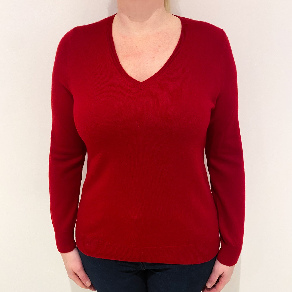 Post Box Red Cashmere V-Neck Jumper Large
