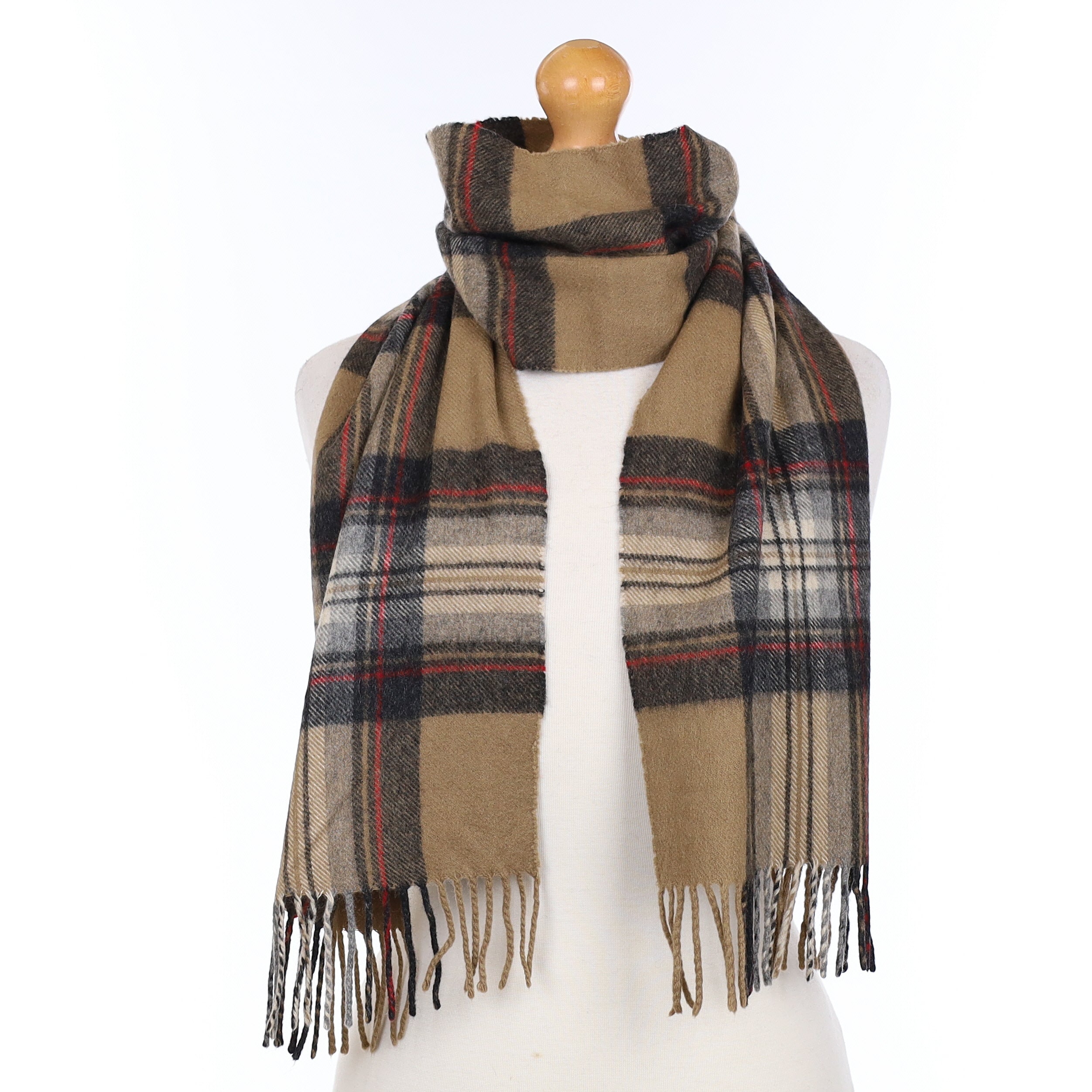 Grey Brown and Red Plaid Cashmere Woven Scarf