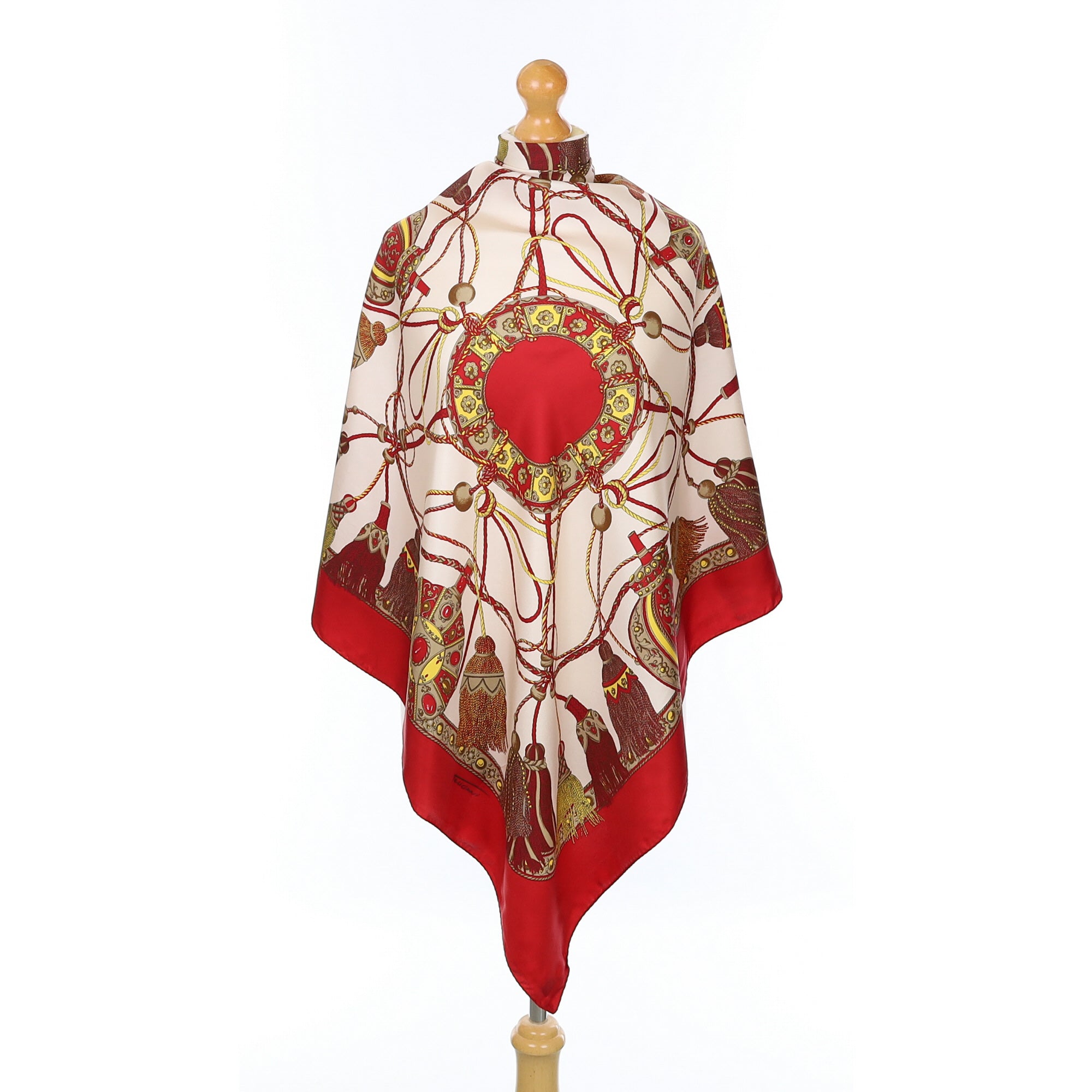 Italian Red and Cream Tassel Themed Silk Scarf