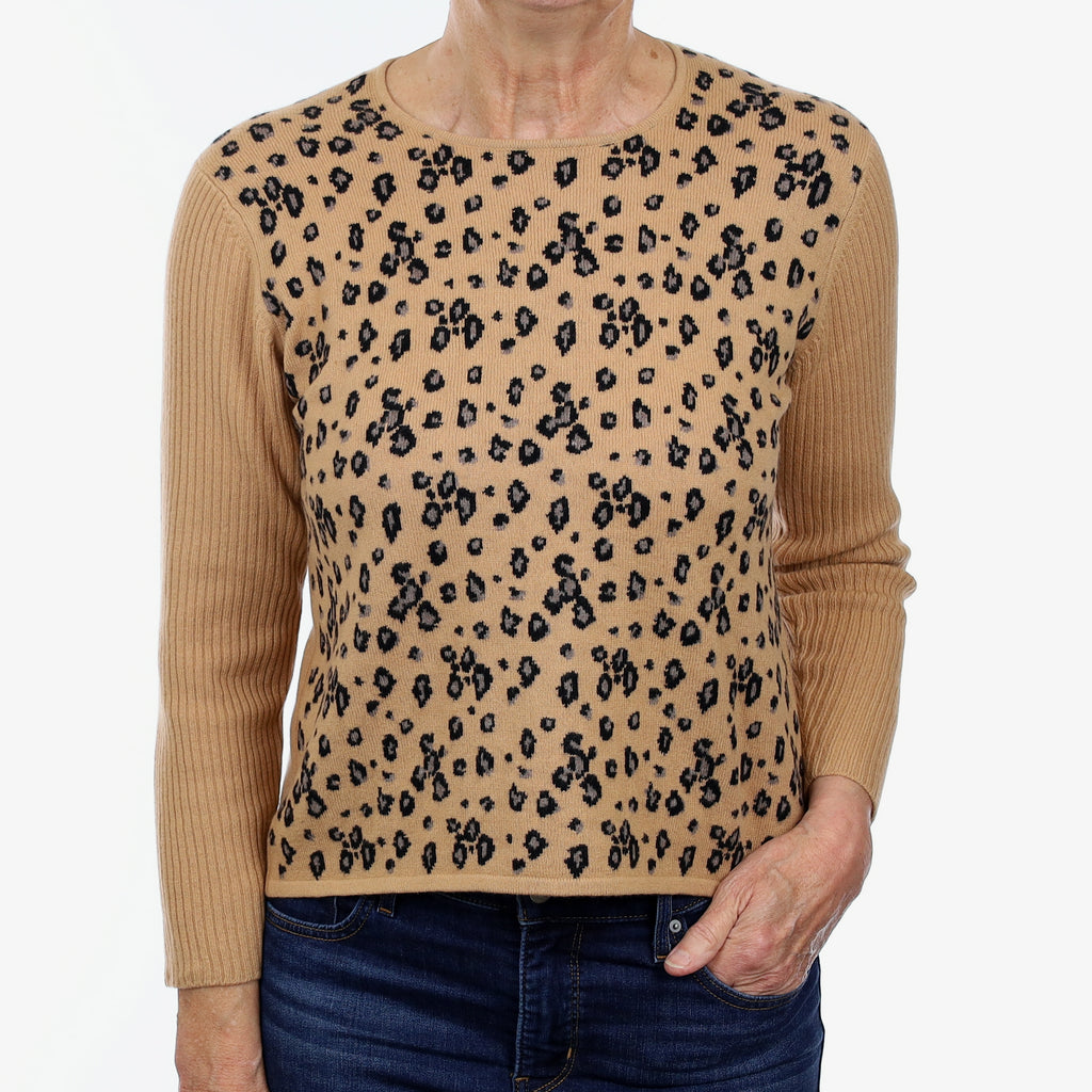 Brown Animal Print Cashmere Crew Neck Jumper Medium