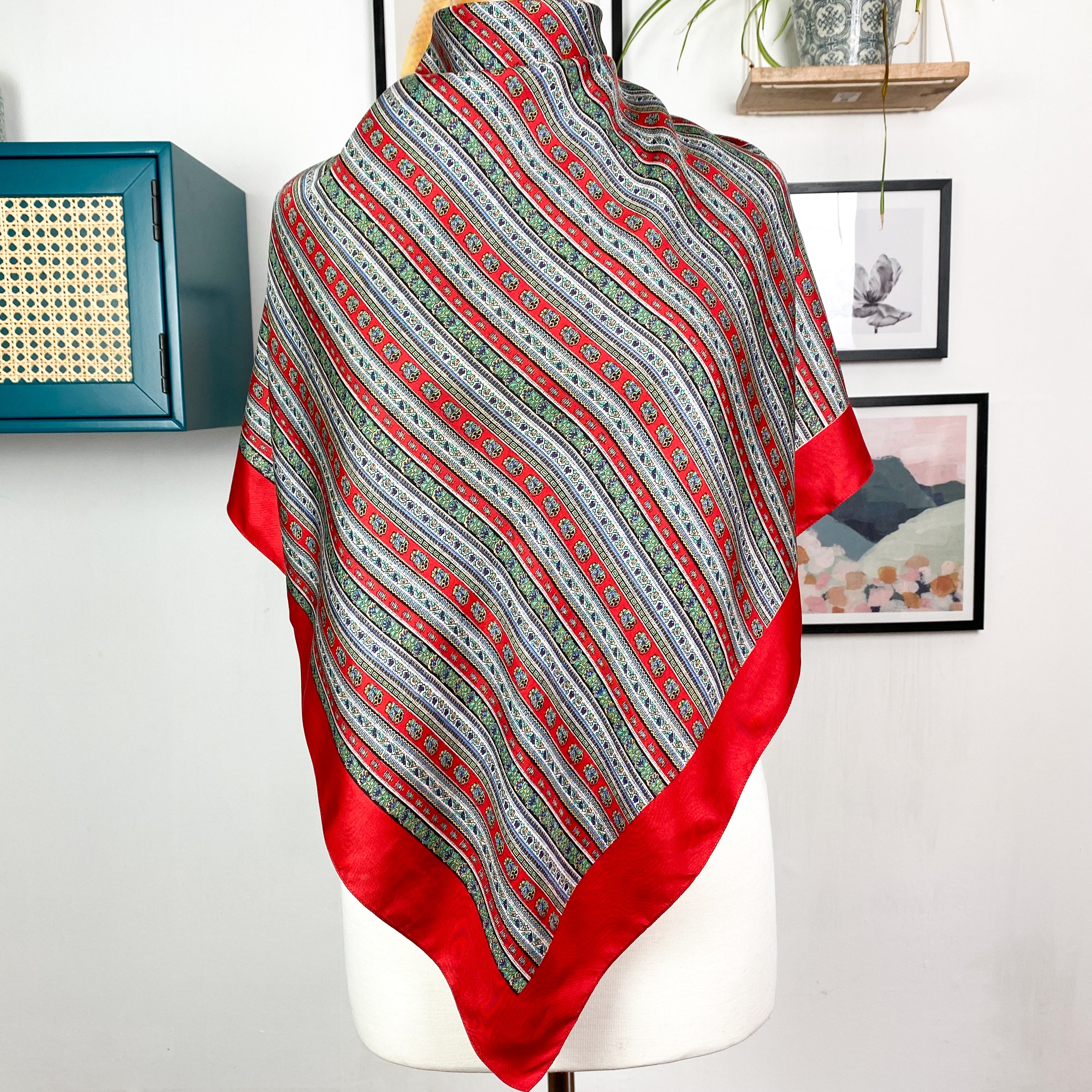 Red Striped Vintage Silk Scarf