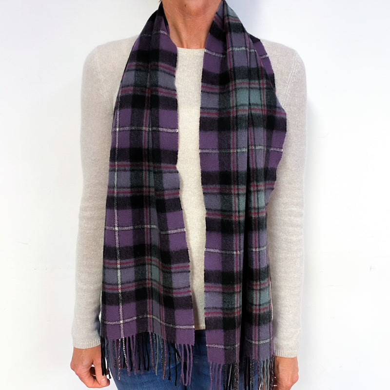 Purple, Black and Grey Tartan Cashmere Fringed Woven Scarf