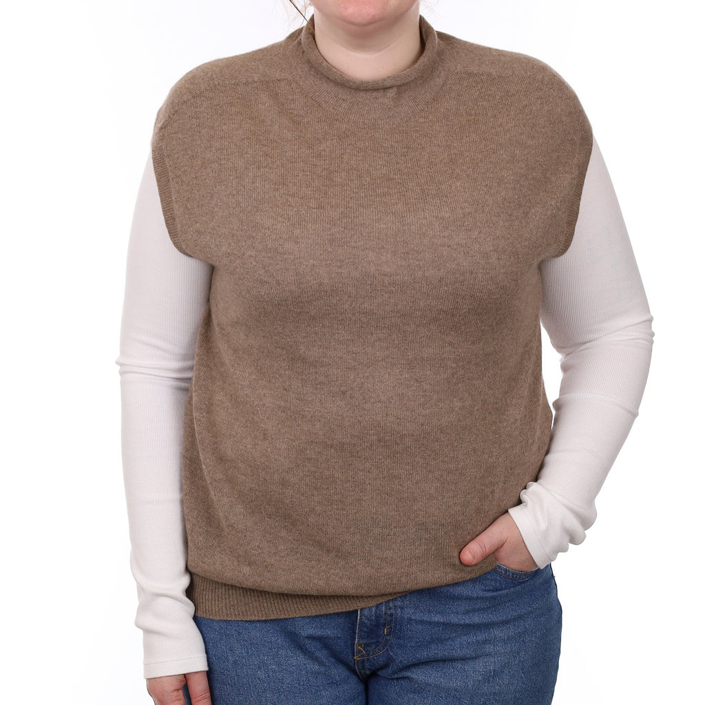 Taupe Brown Cashmere Sleeveless Funnel Neck Jumper Large