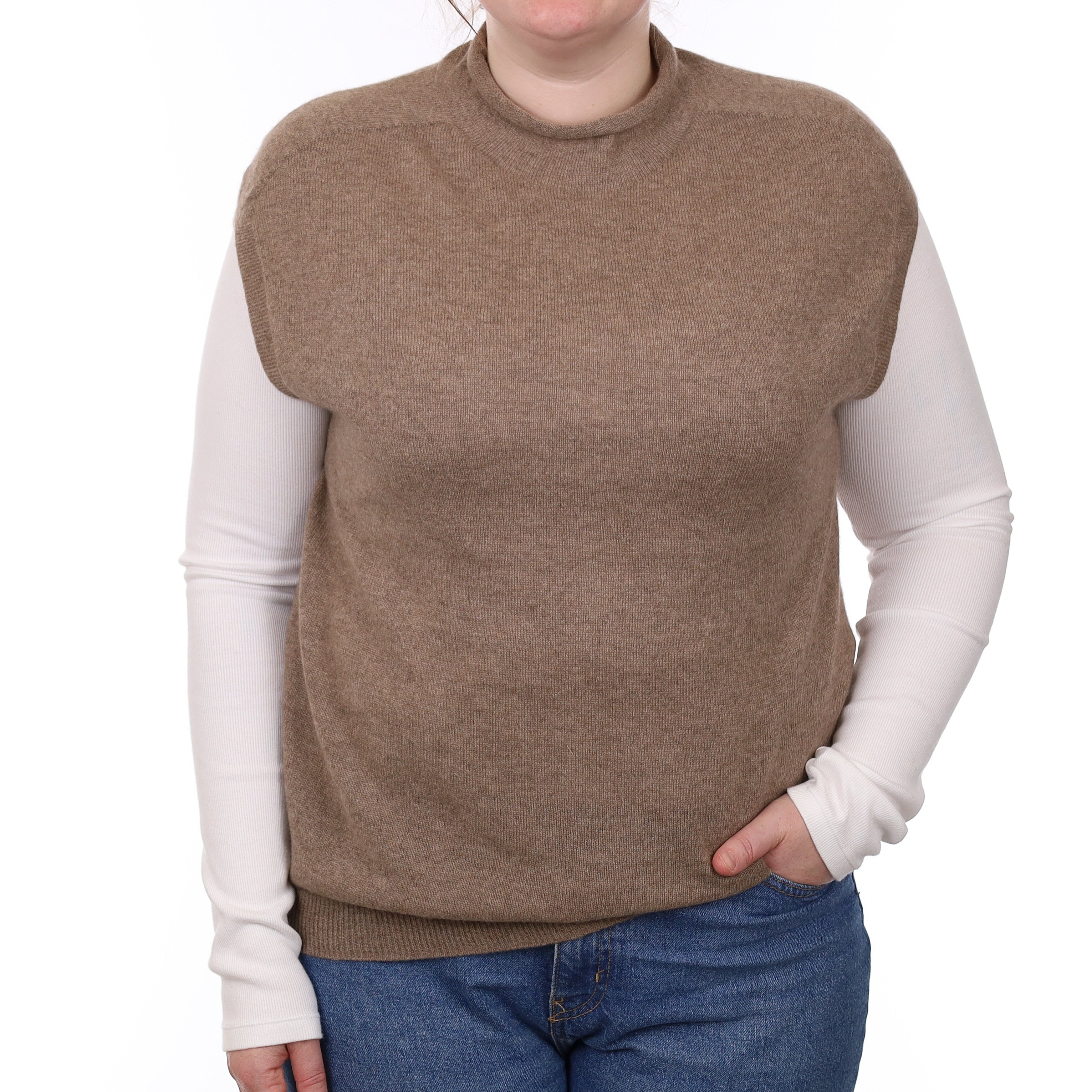Taupe Brown Cashmere Sleeveless Funnel Neck Jumper Large