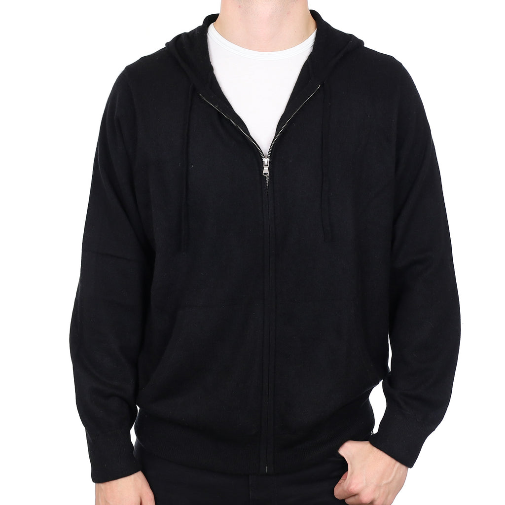 Men’s Black Cashmere Zip Up Hoodie Jumper with Pockets XXL
