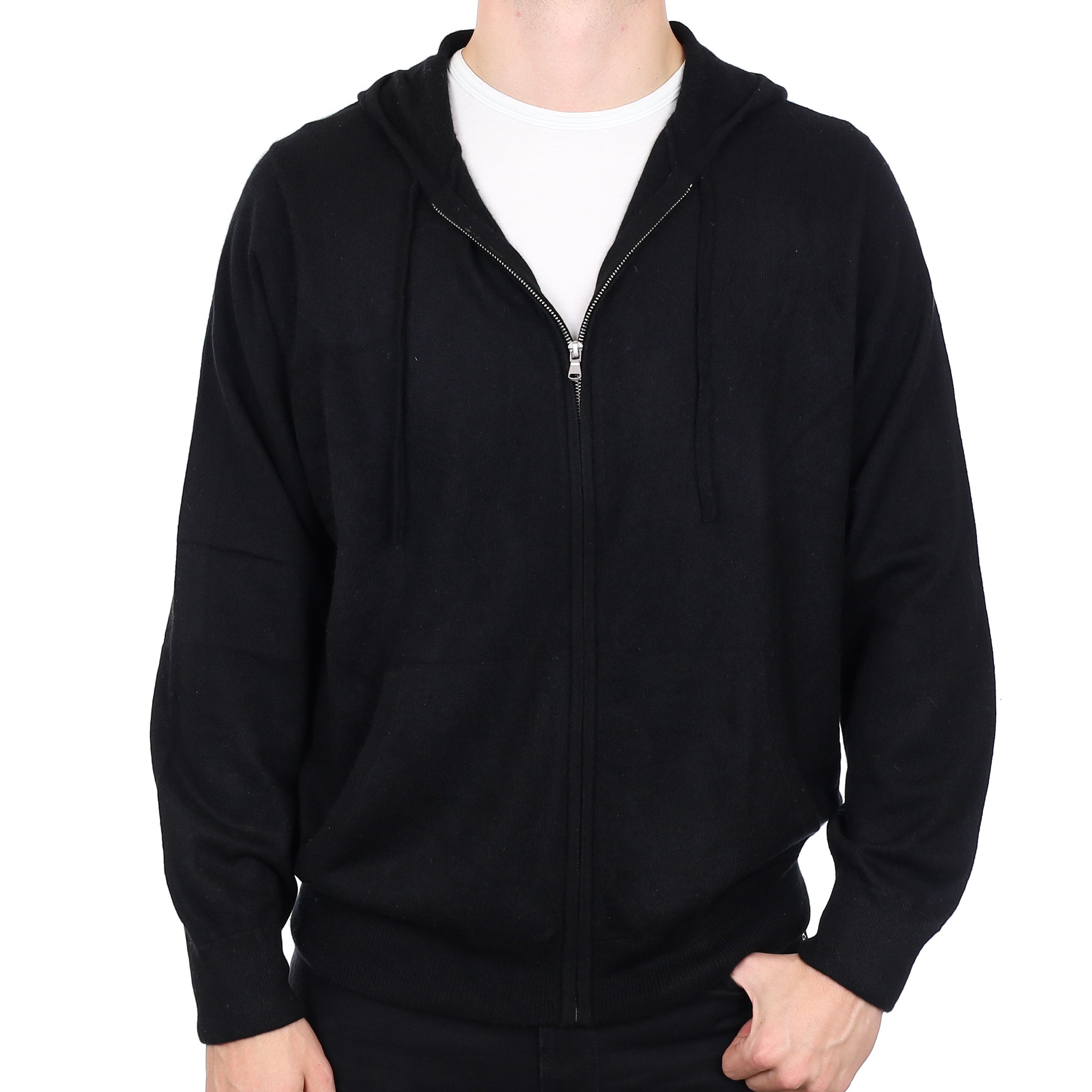 Men’s Black Cashmere Zip Up Hoodie Jumper with Pockets XXL