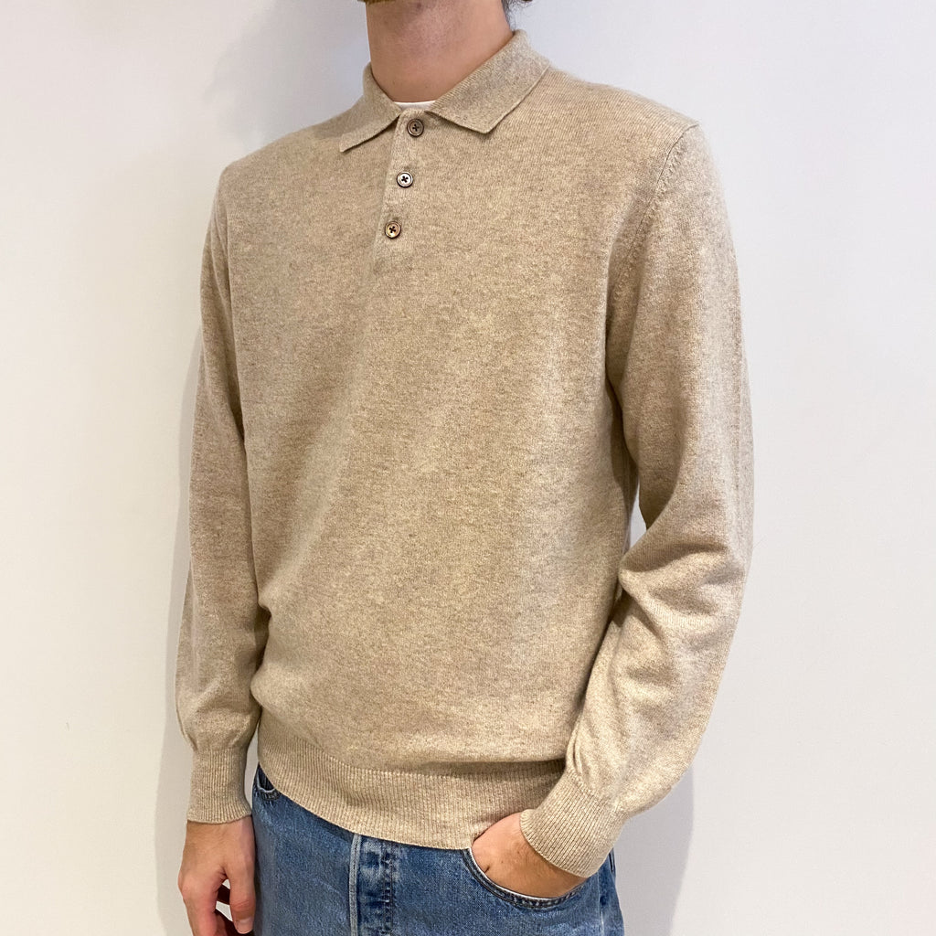 Men's Sand Beige Cashmere 1/4 Button Jumper Medium