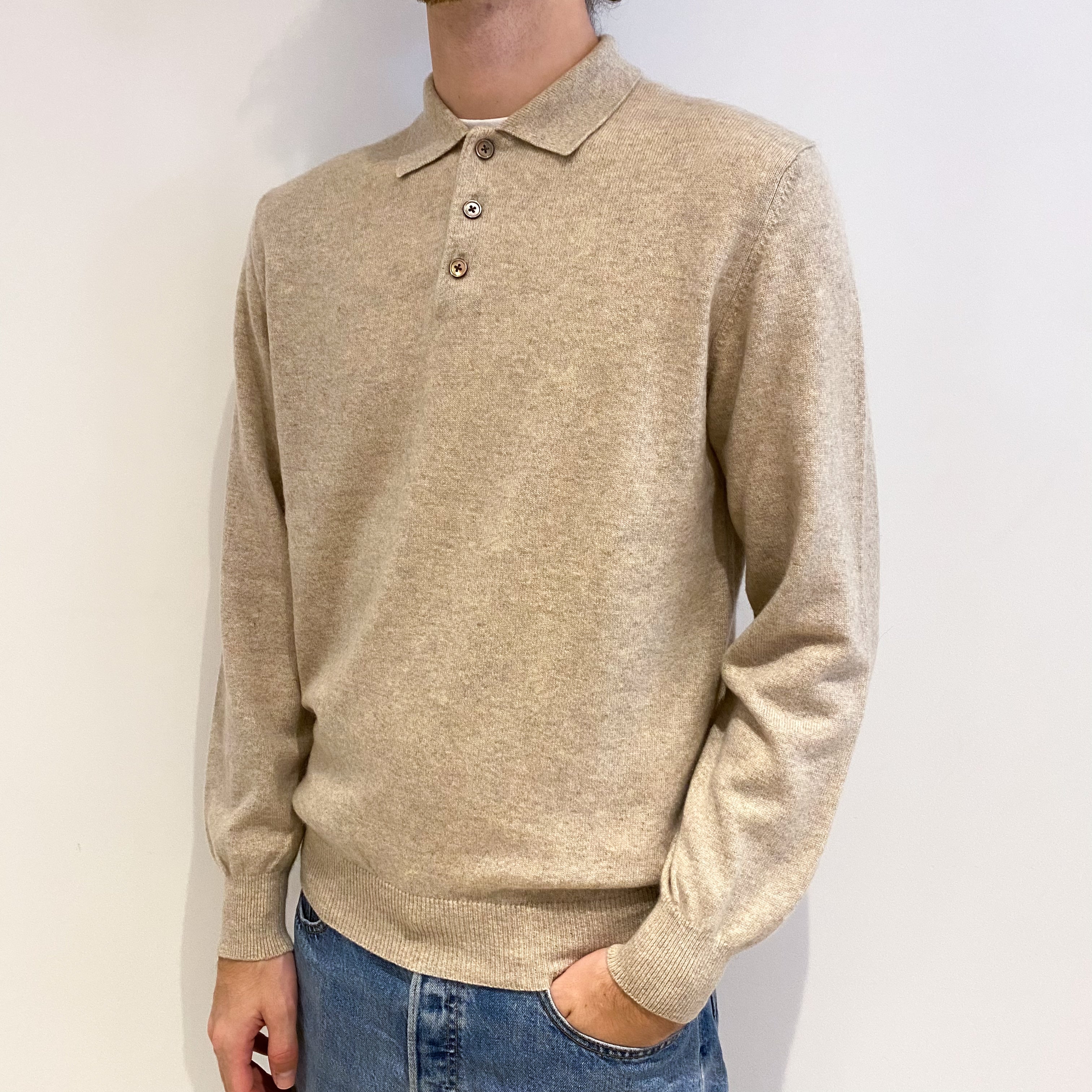 Men's Sand Beige Cashmere 1/4 Button Jumper Medium