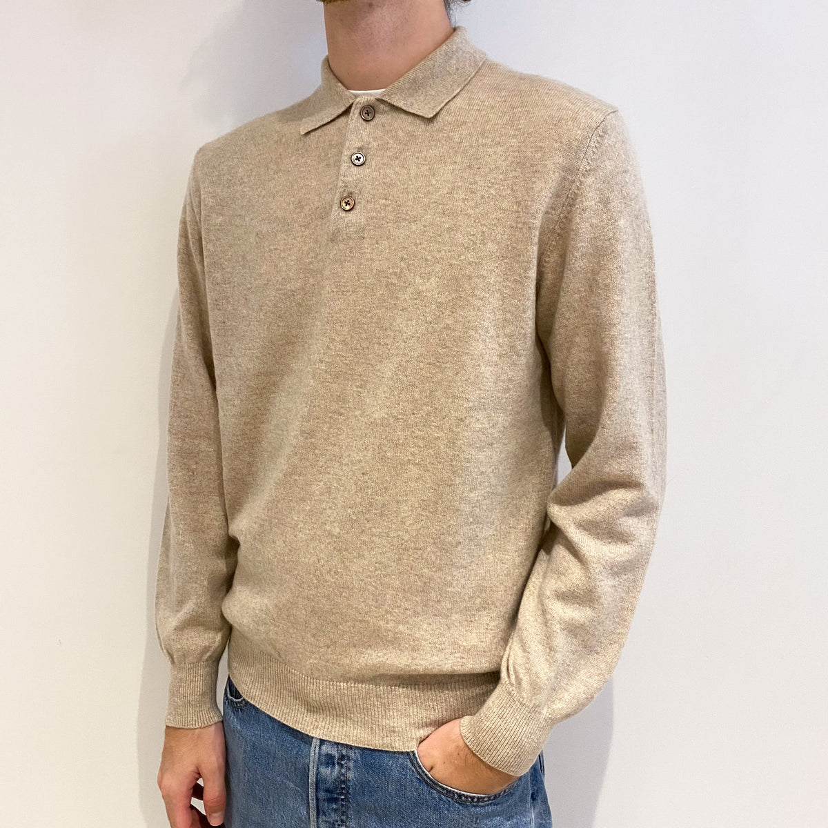Men's Sand Beige Cashmere 1/4 Button Jumper Medium