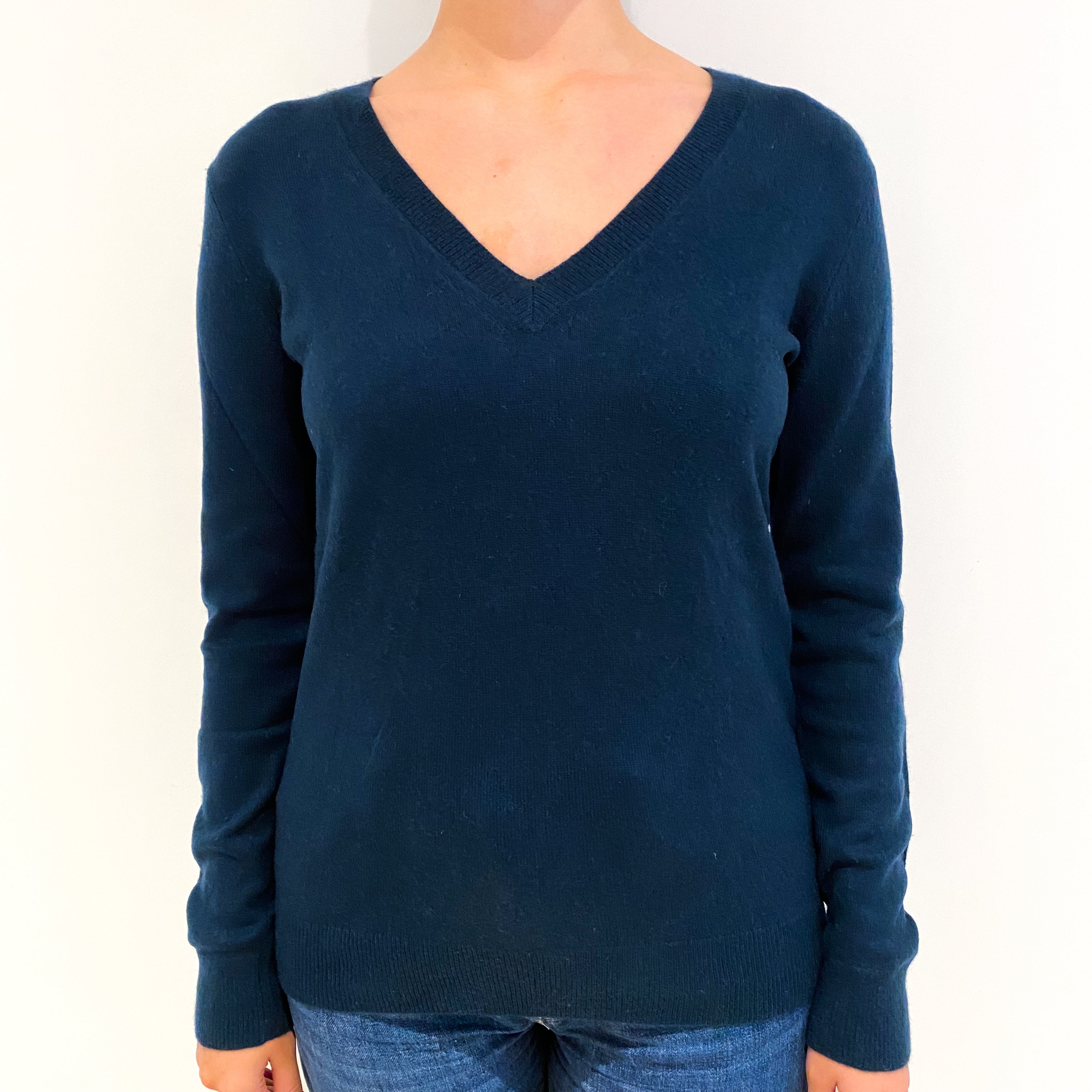 Dark Teal Green Cashmere V-Neck Jumper Small