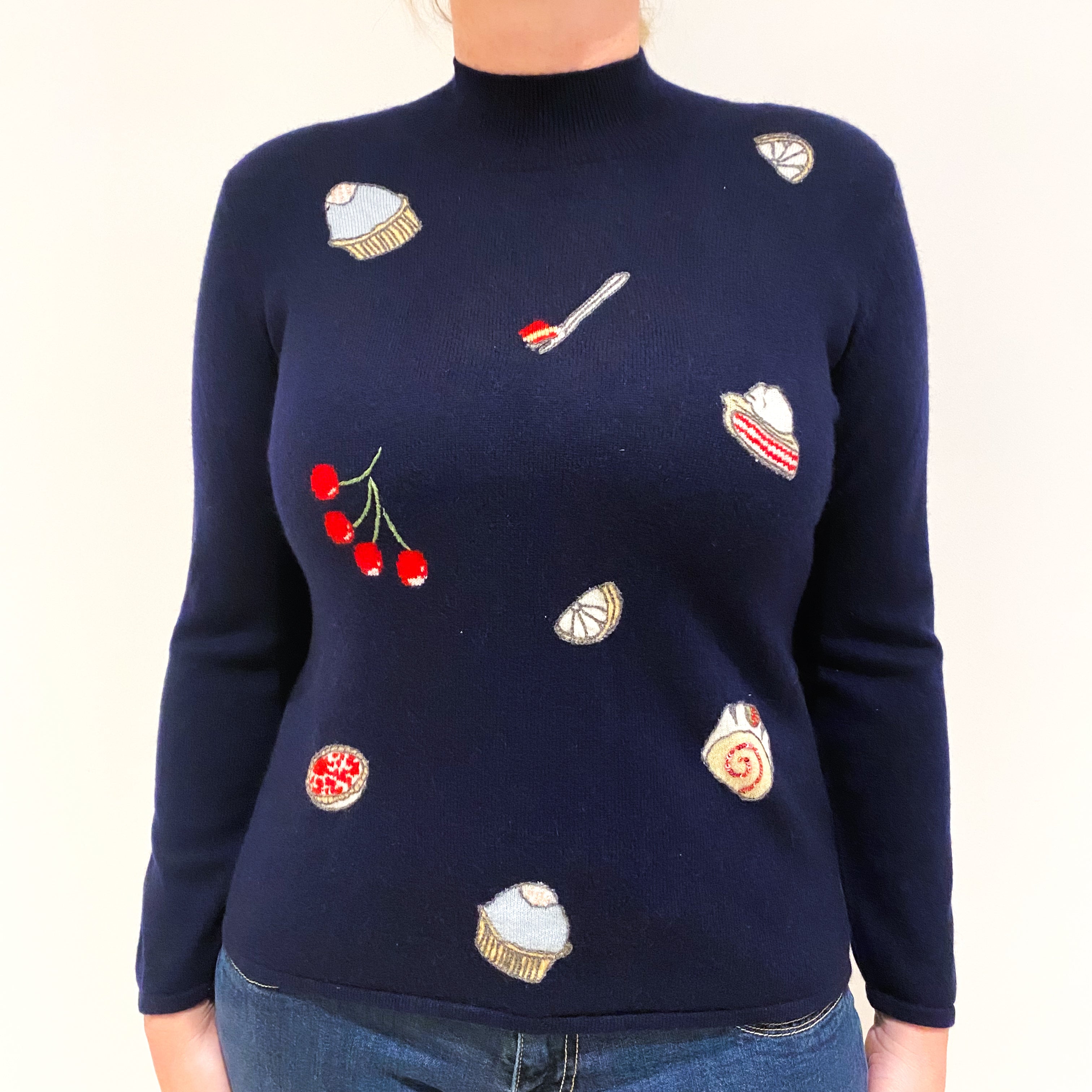 Navy Blue Food Motifs Cashmere Turtle Neck Jumper Large