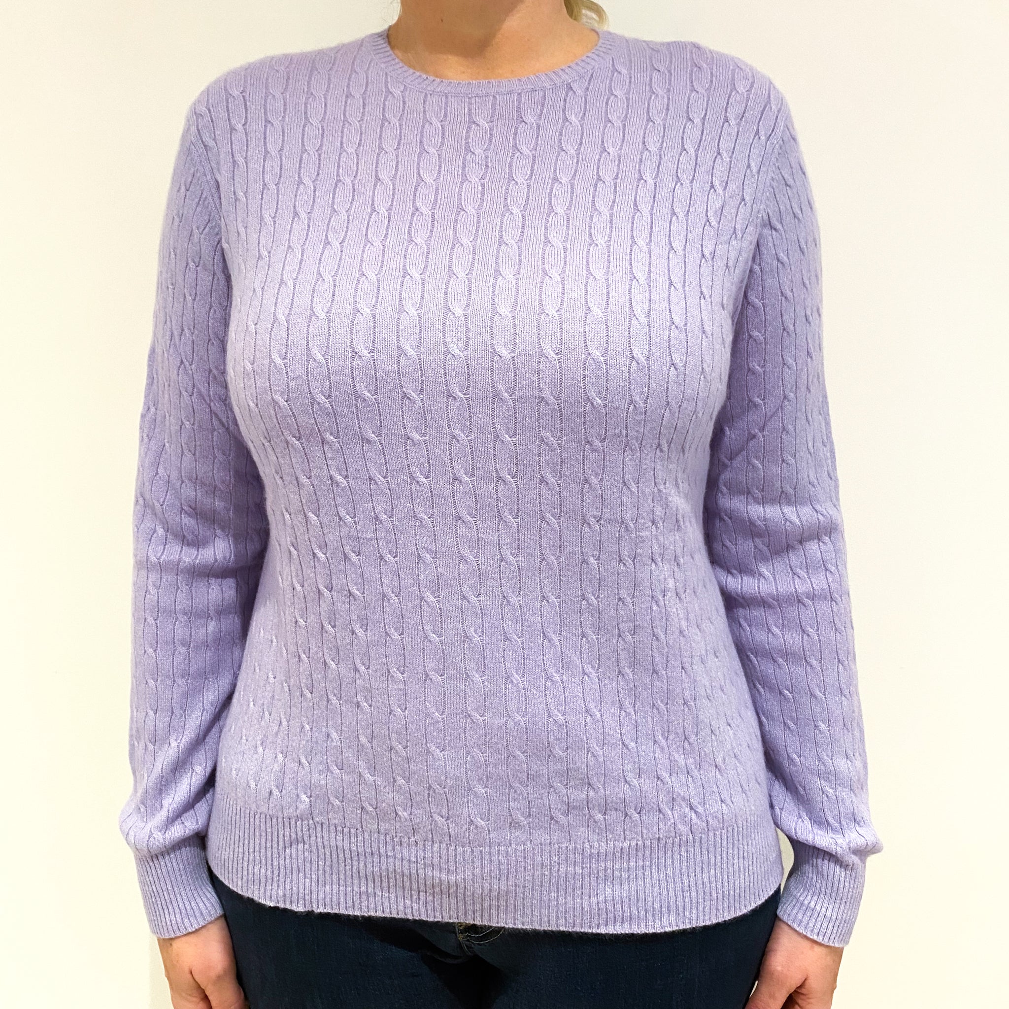 Lavender Purple Cable Knit Cashmere Crew Neck Jumper Large