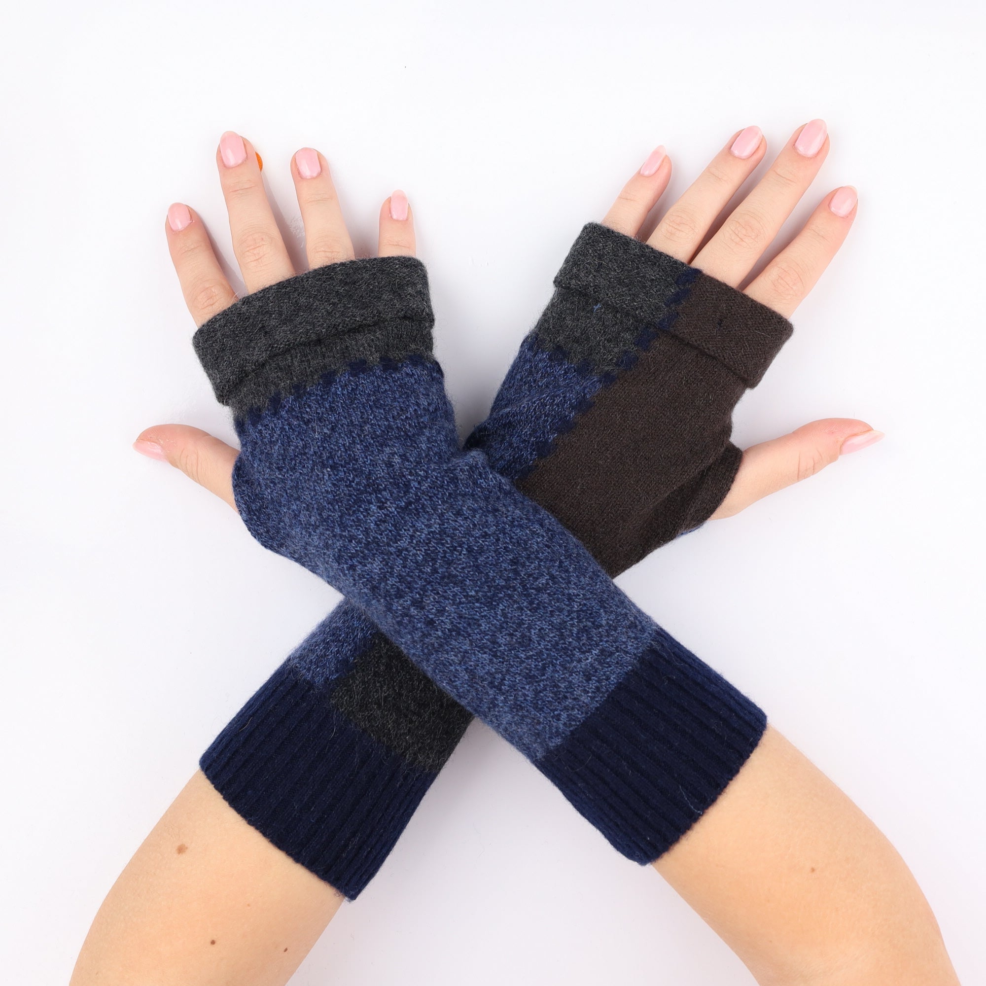 Blue Colour Block Fingerless Gloves