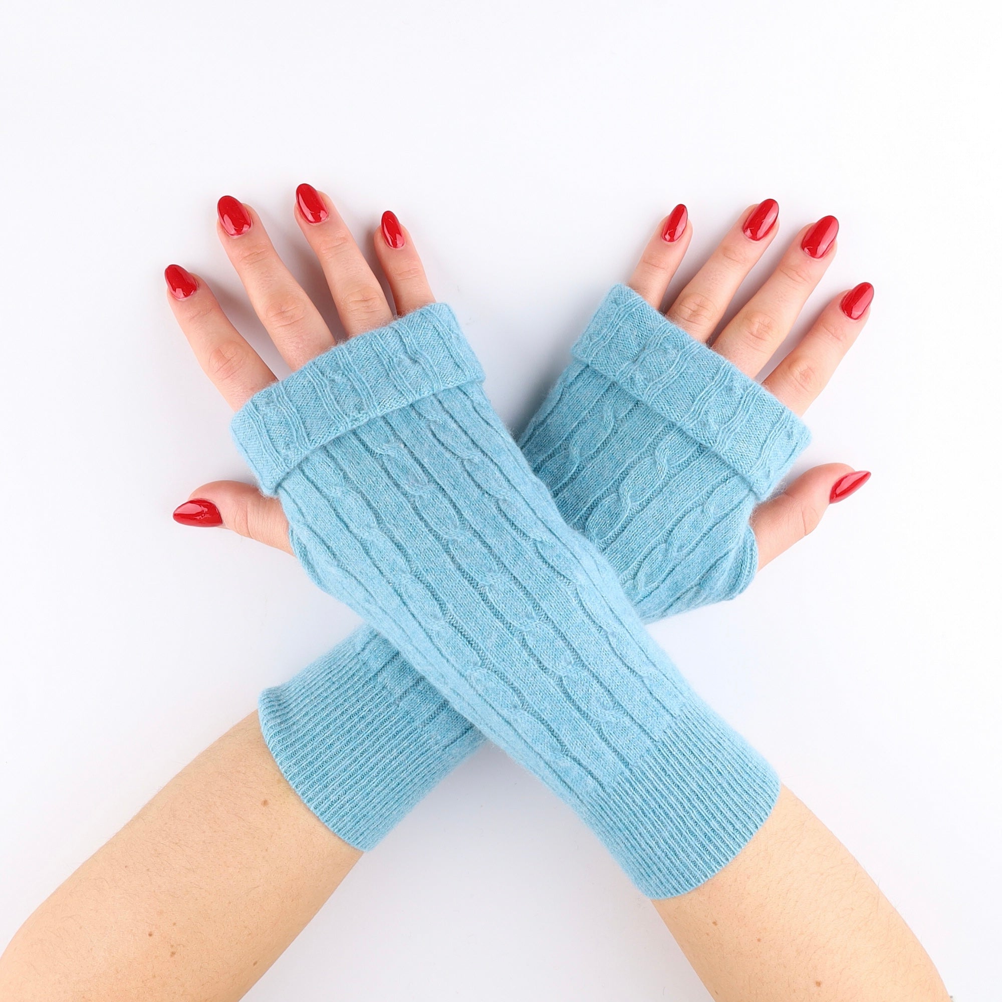 Aqua Blue Cable Knit Detail Fingerless Gloves