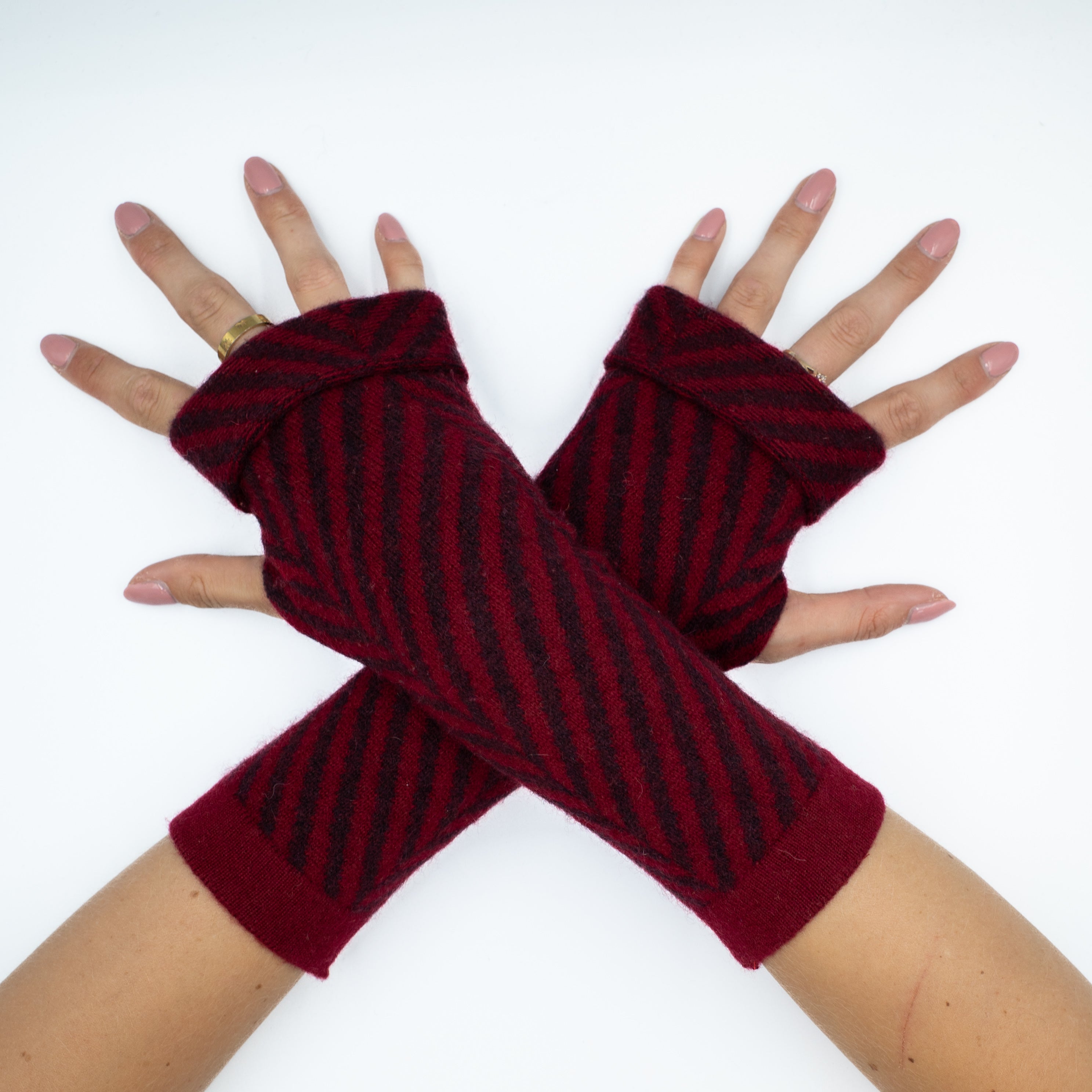 Two Tone Red Stripey Fingerless Gloves