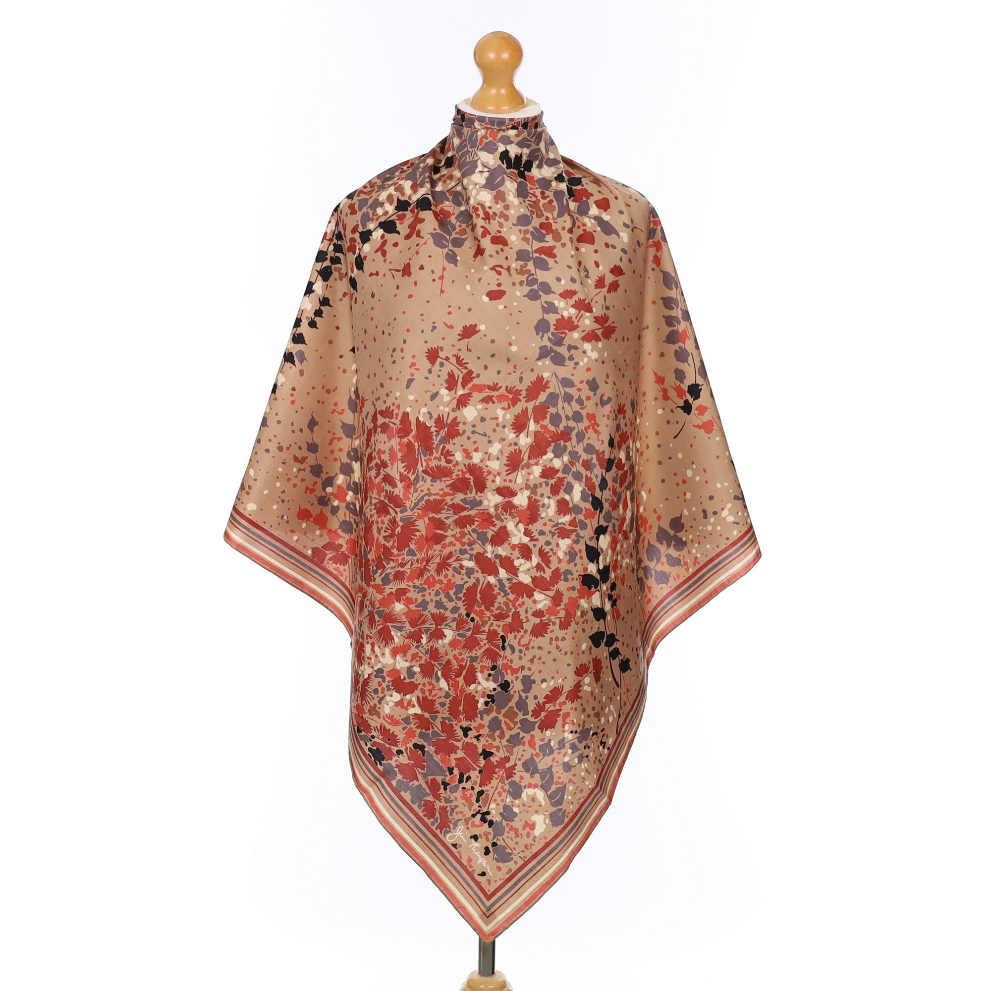Jim Thompson Red and Camel Leaf Patterned Silk Scarf