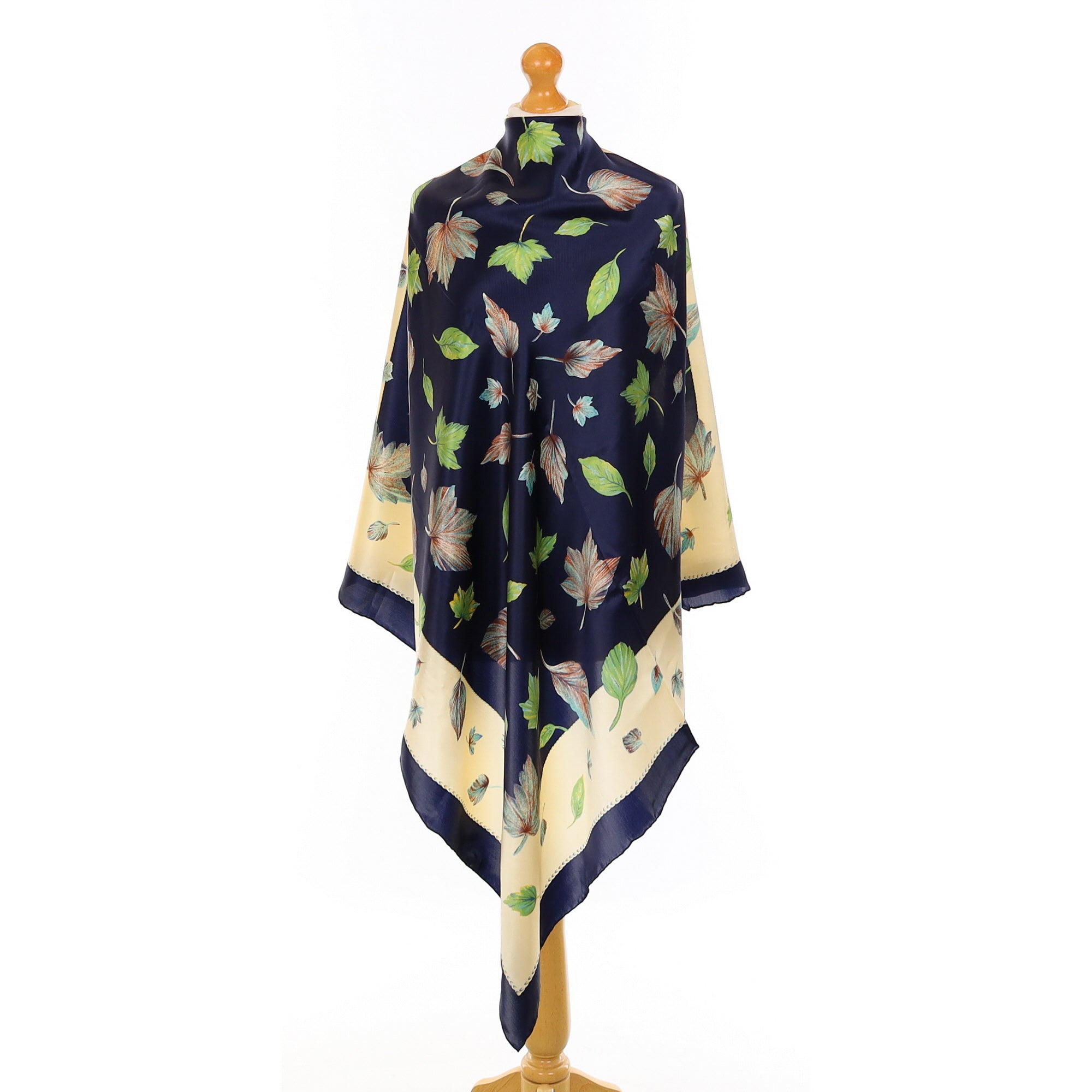 Navy Blue and Cream Leaf Design Silk Scarf