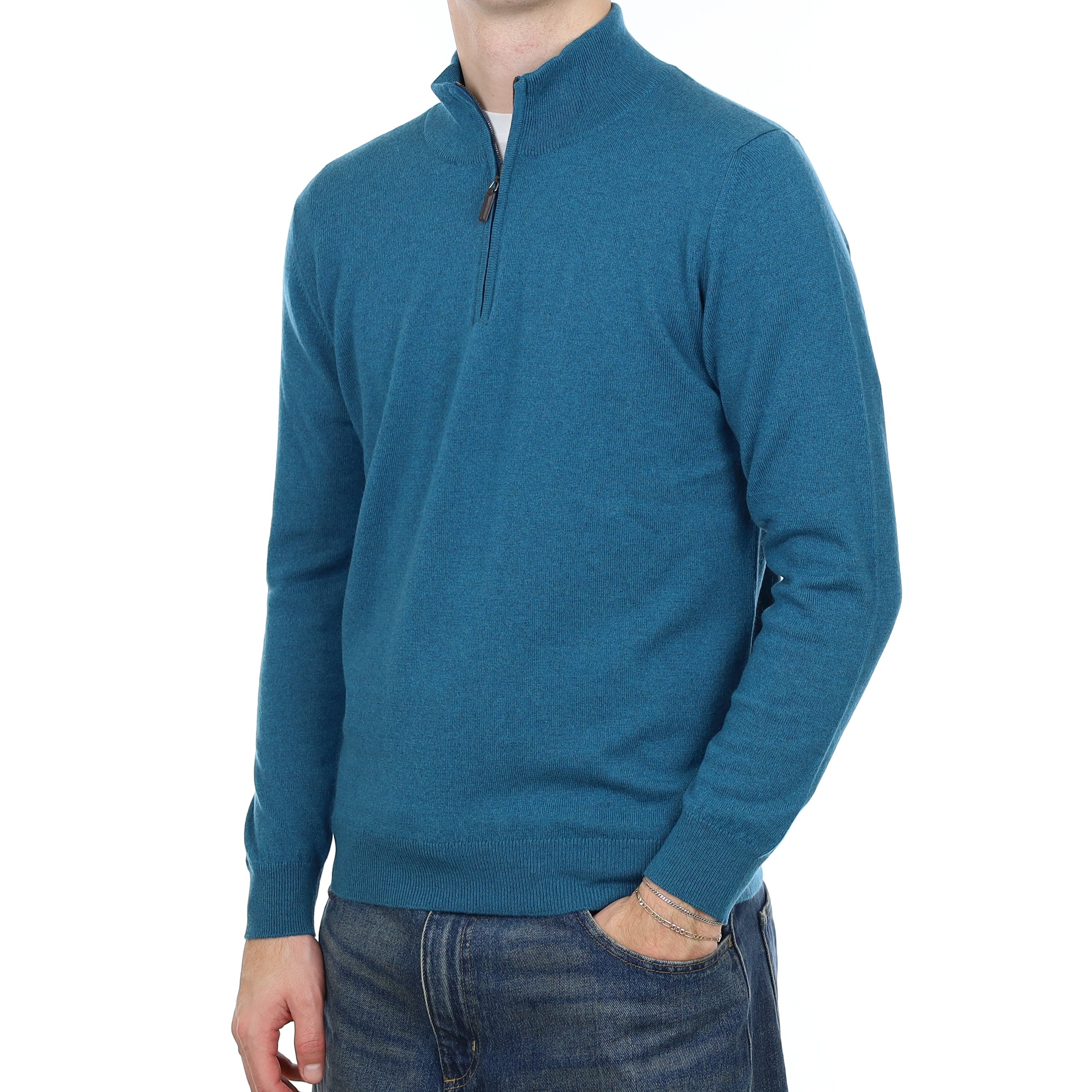 Men’s Brand New Scottish Teal Blue Cashmere 1/4 Zip Jumper Medium
