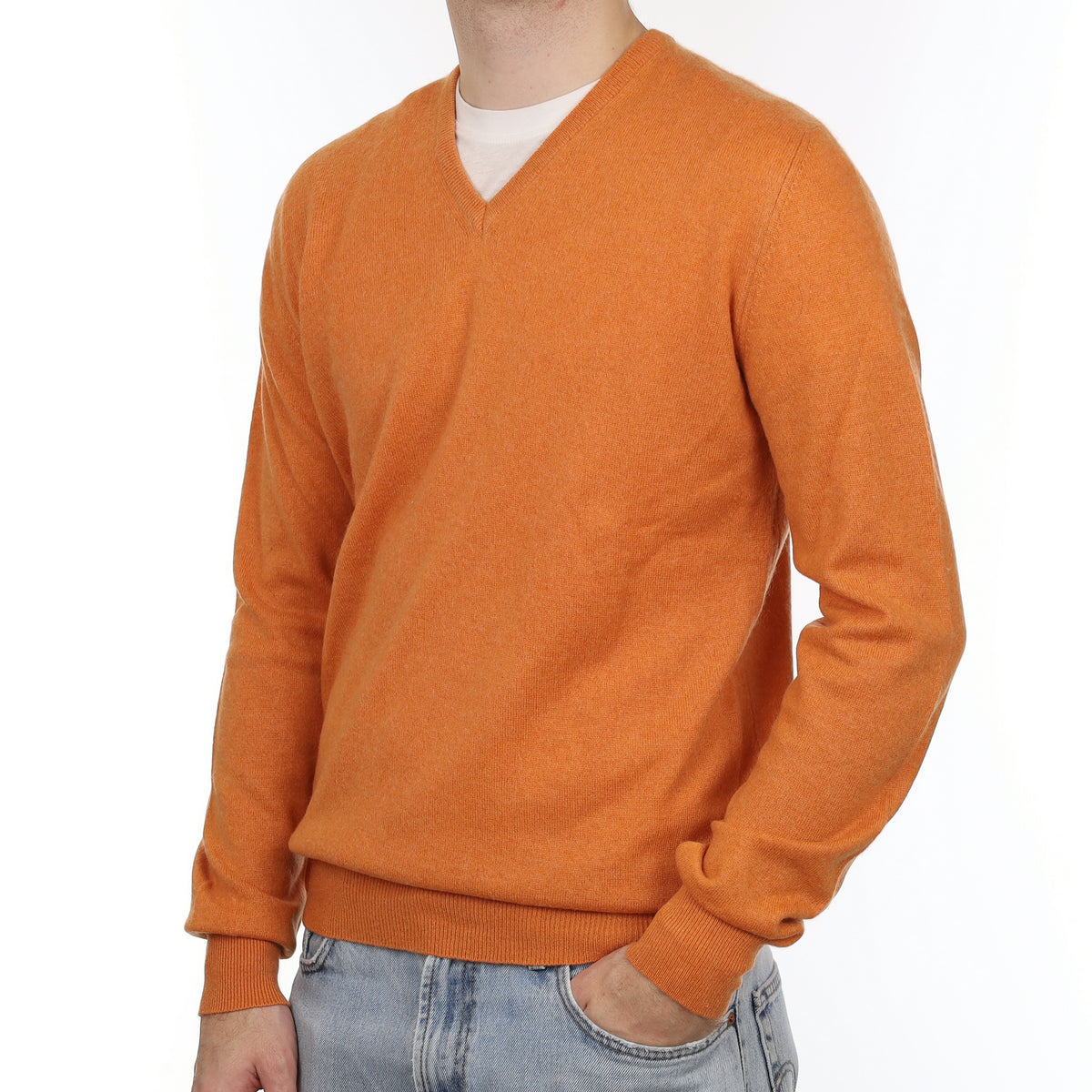 Men's Sunset Orange Cashmere V Neck Jumper Large