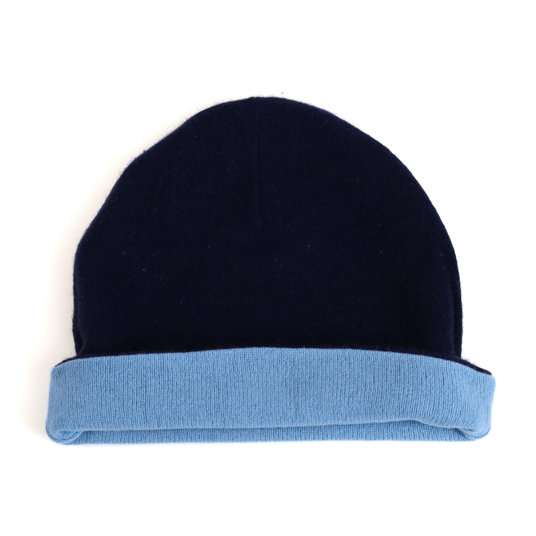 Navy and Cornflower Blue Reversible Cashmere Beanie Hat