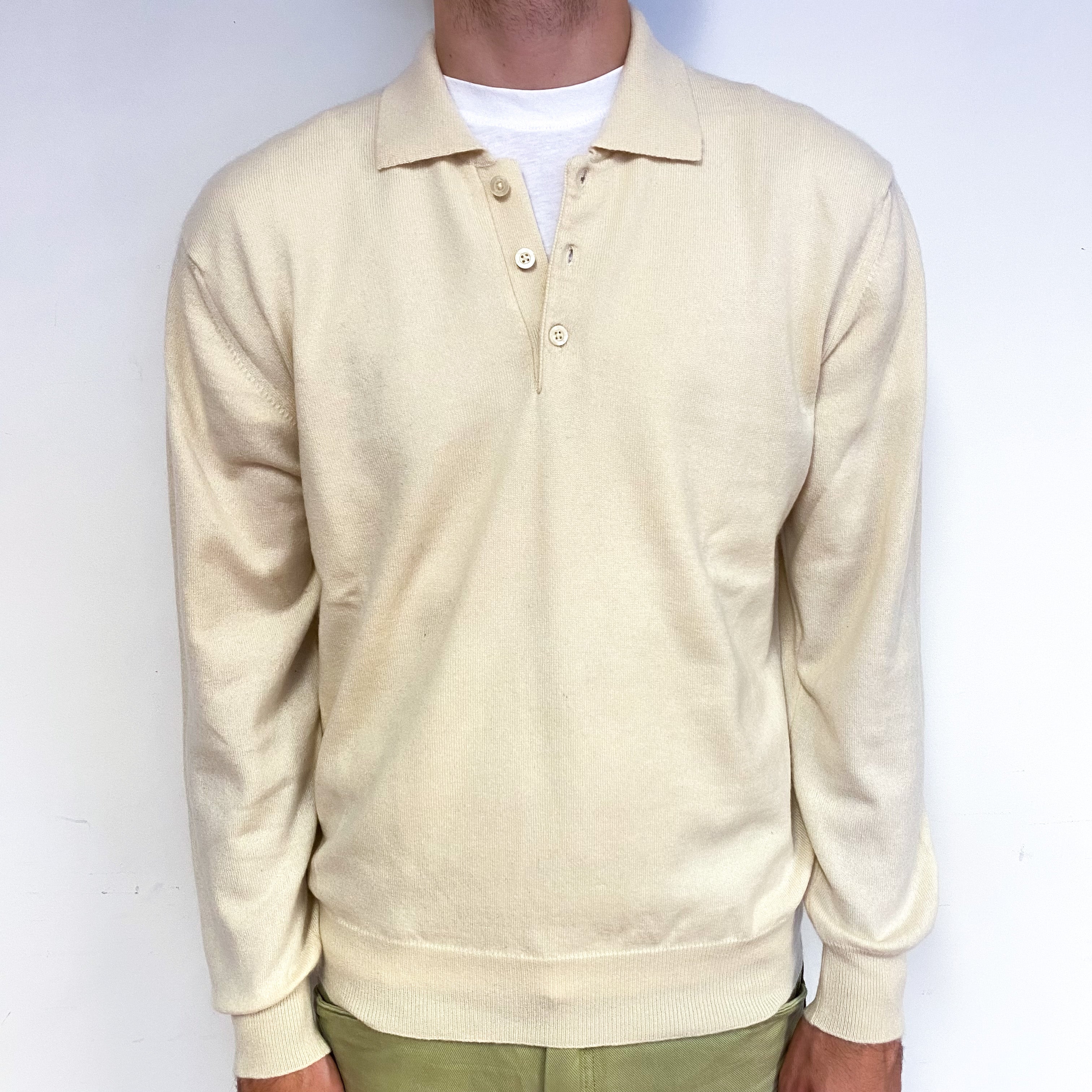 Men's Vanilla Cream Cashmere 1/4 Button Jumper Large
