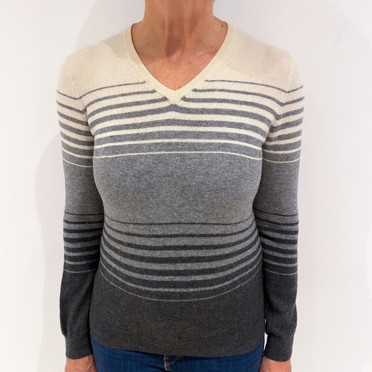 Grey and Cream Stripe Cashmere V Neck Jumper Medium