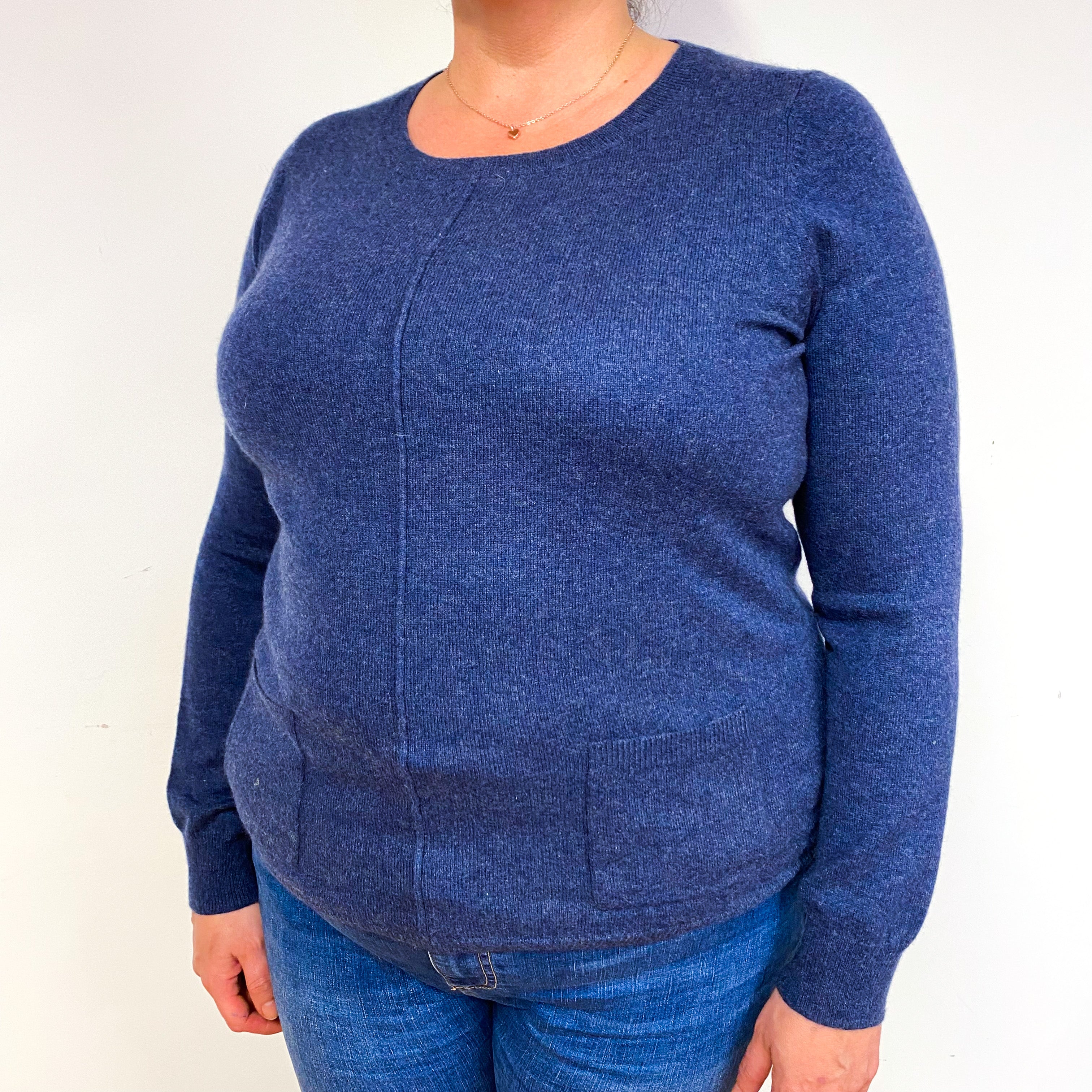 Naval Blue Cashmere Crew Neck Jumper with Pockets Extra Large