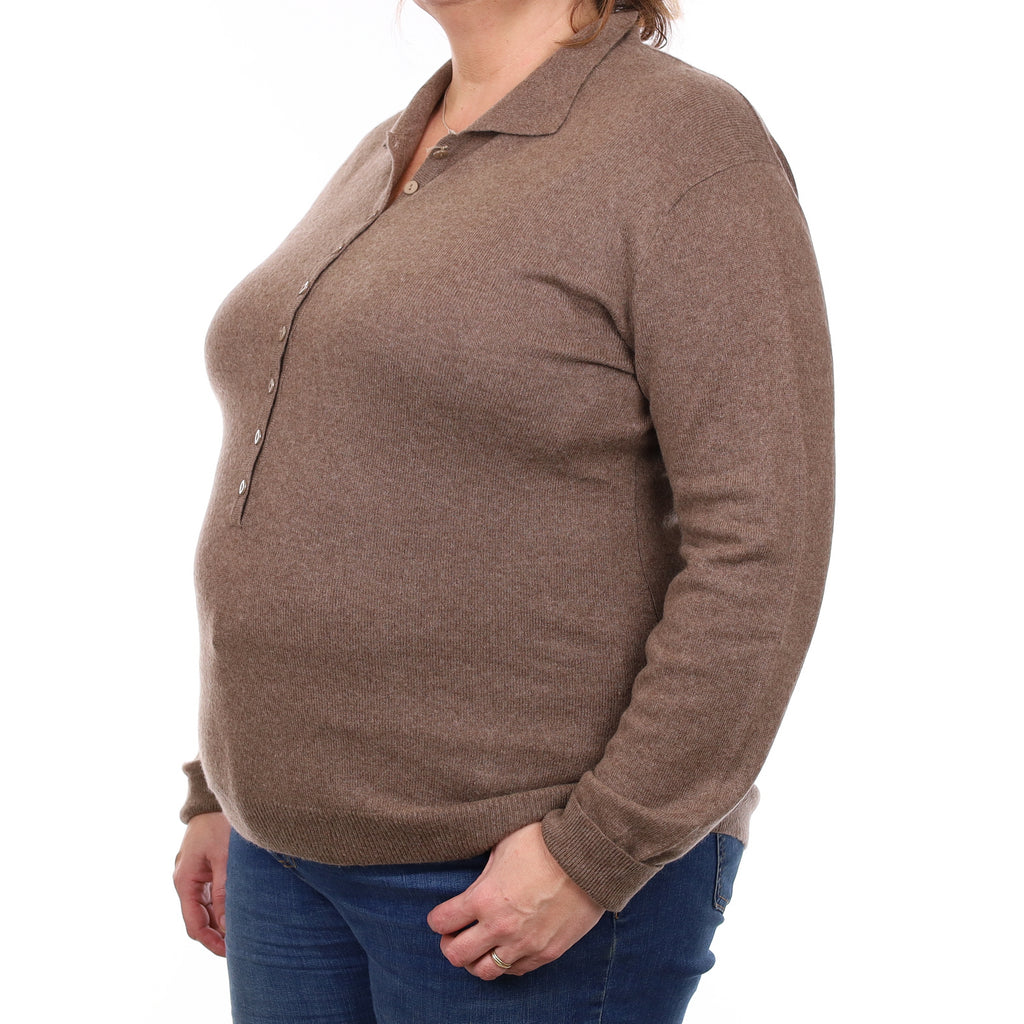 Mocha Brown Cashmere Button Front Jumper with Collar XL
