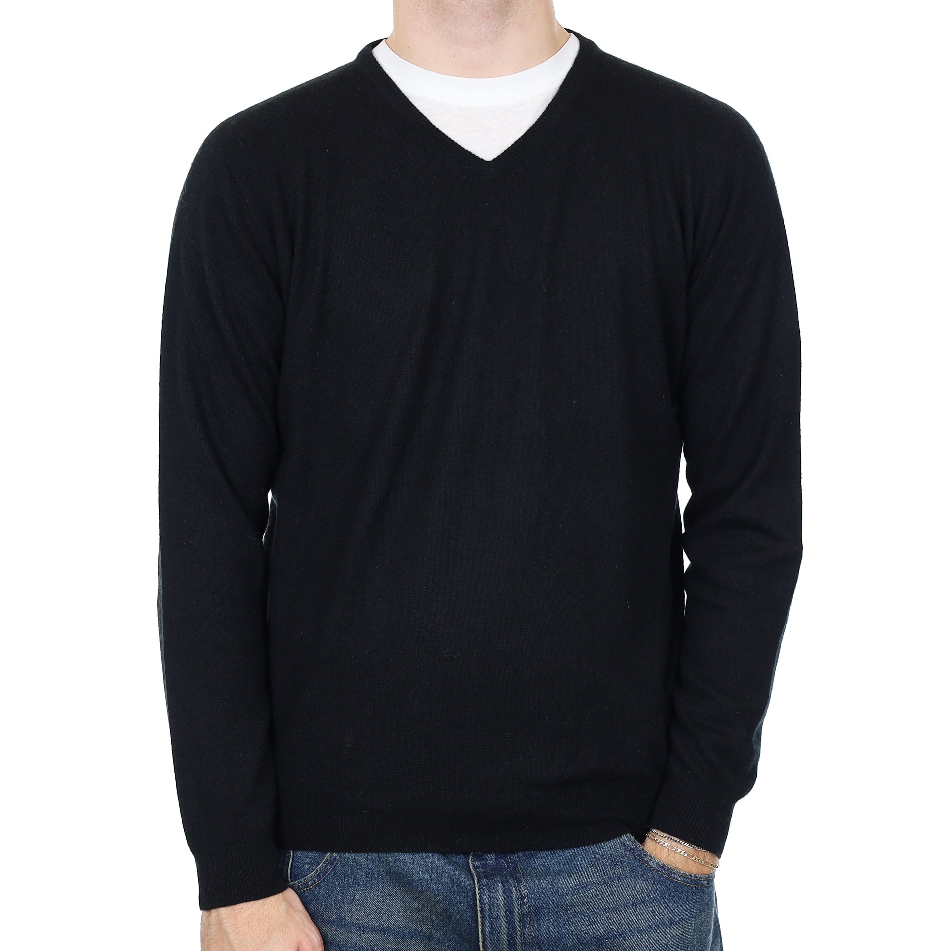 Men’s Black with Elbow Patches Cashmere V Neck Jumper Medium