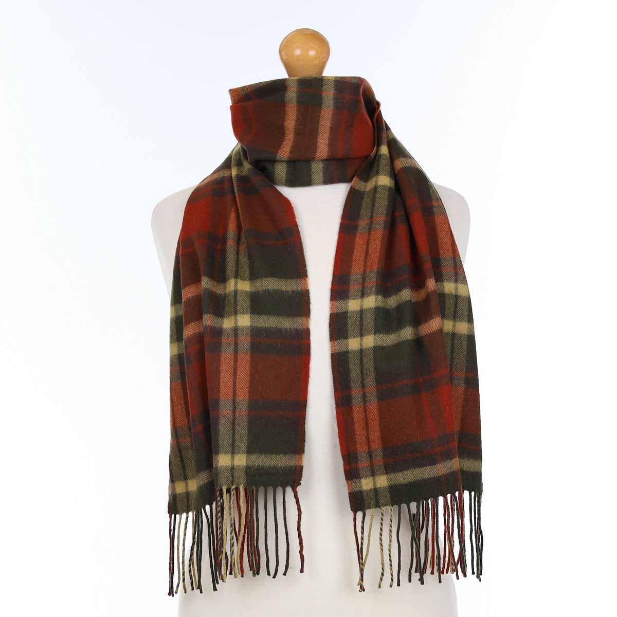 Khaki and Rust Checked Cashmere Woven Scarf