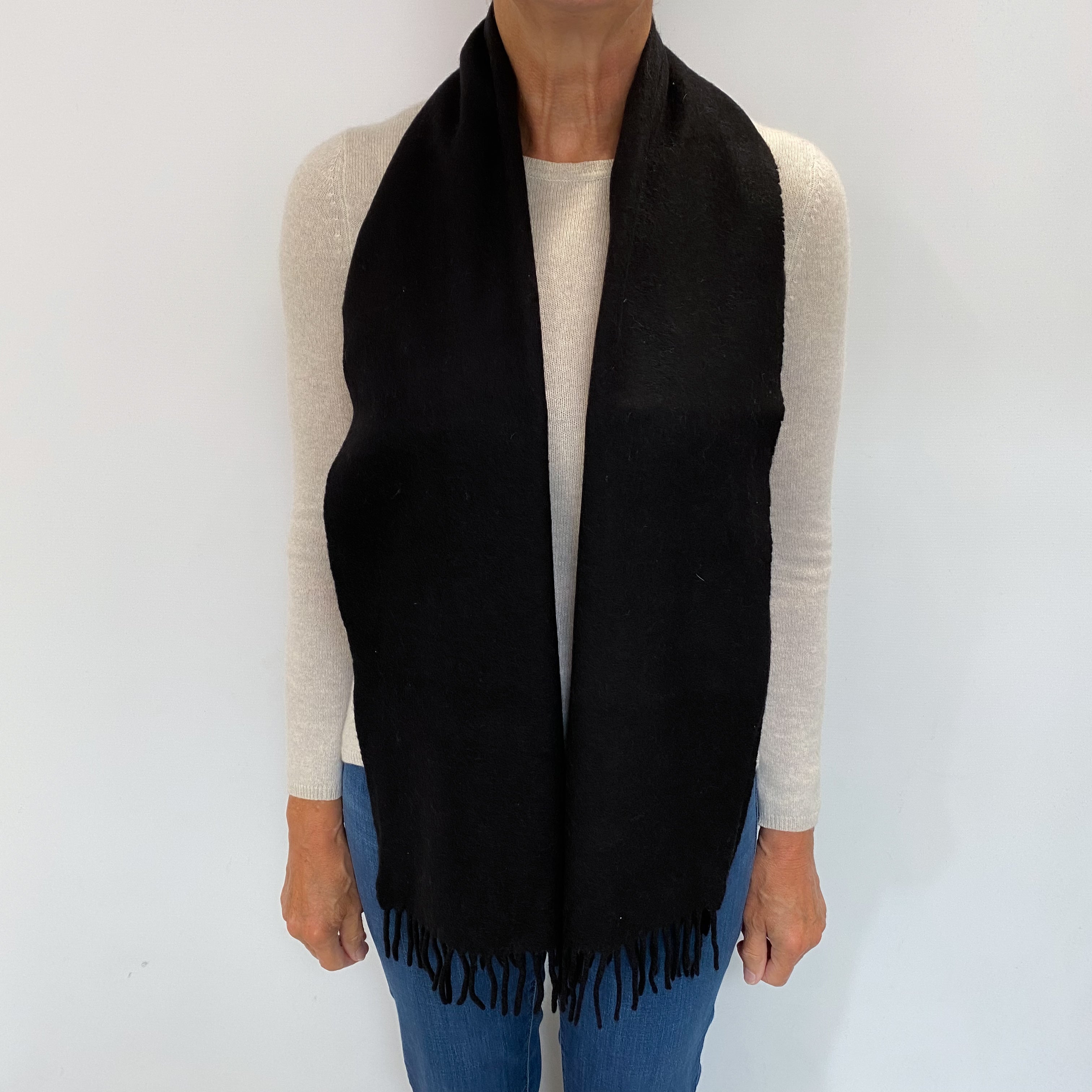 Italian Black Cashmere Woven Fringed Scarf