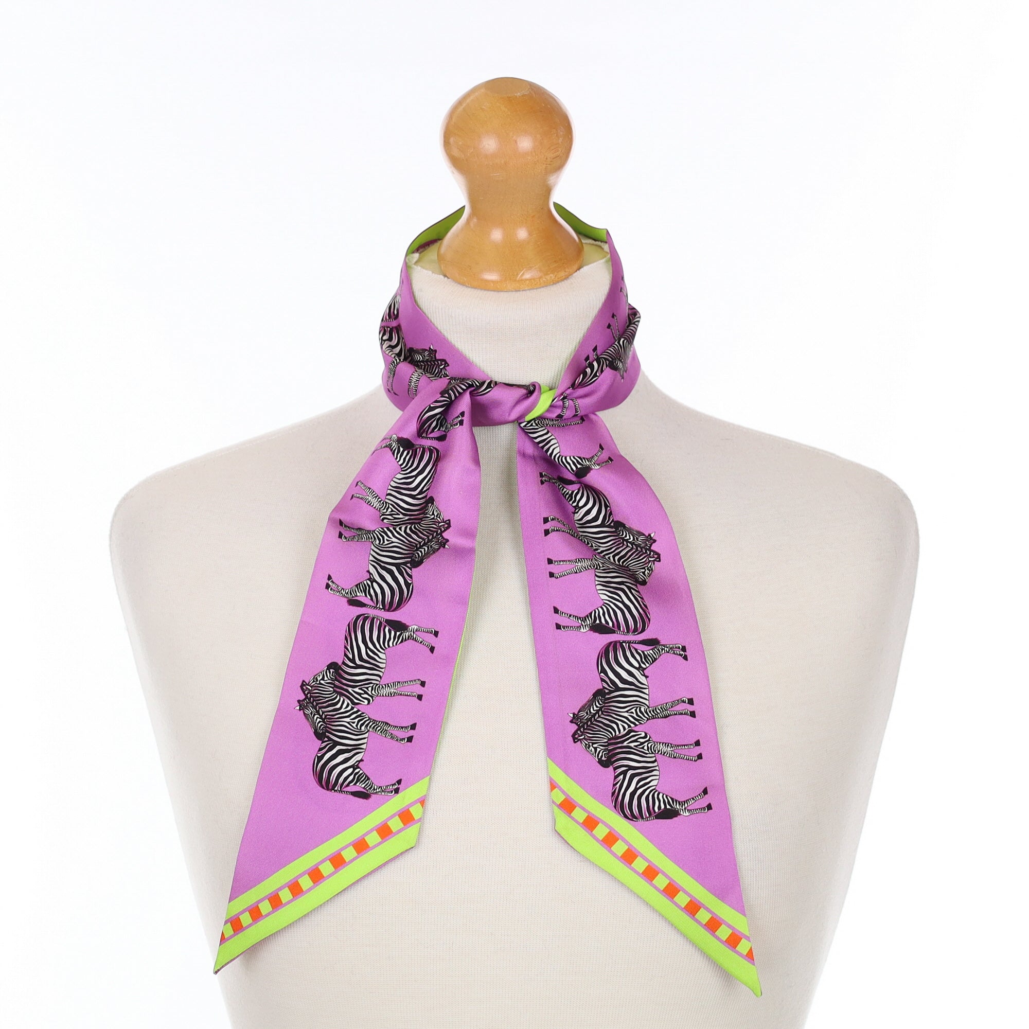 Brand New Bellezza Purple & Lime Zebra Tropical Double Faced Silk Twilly & Scarf Ring