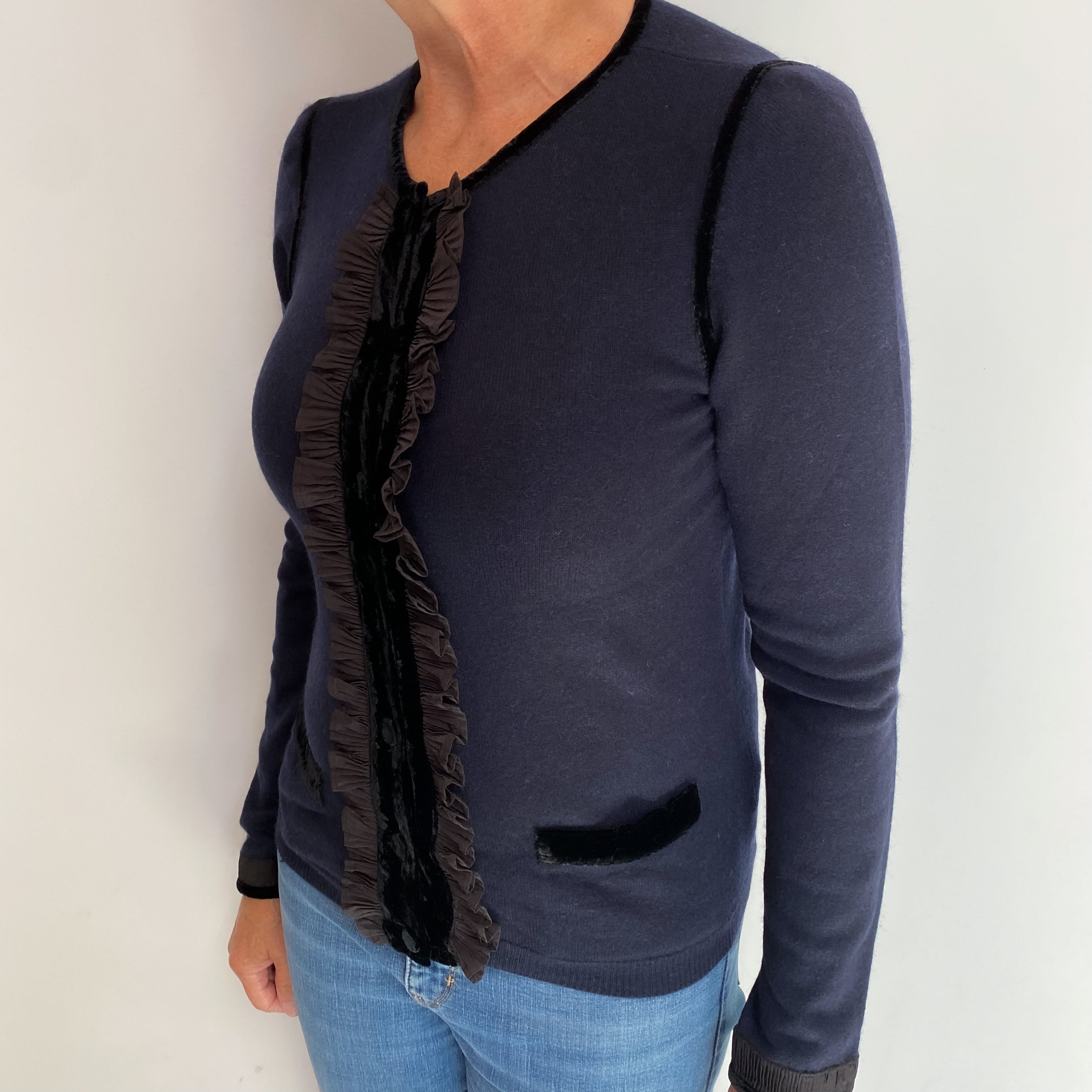 Navy Blue Cashmere Crew Neck Cardigan Medium