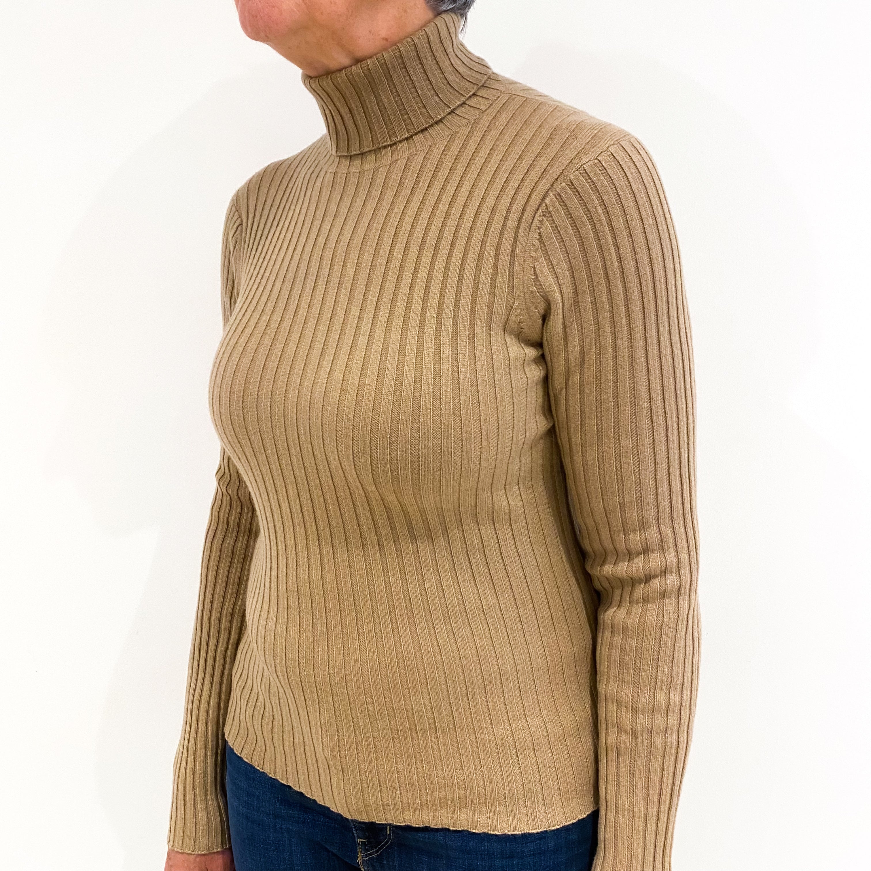 Fudge Brown Skinny Rib Cashmere Polo Neck Jumper Medium